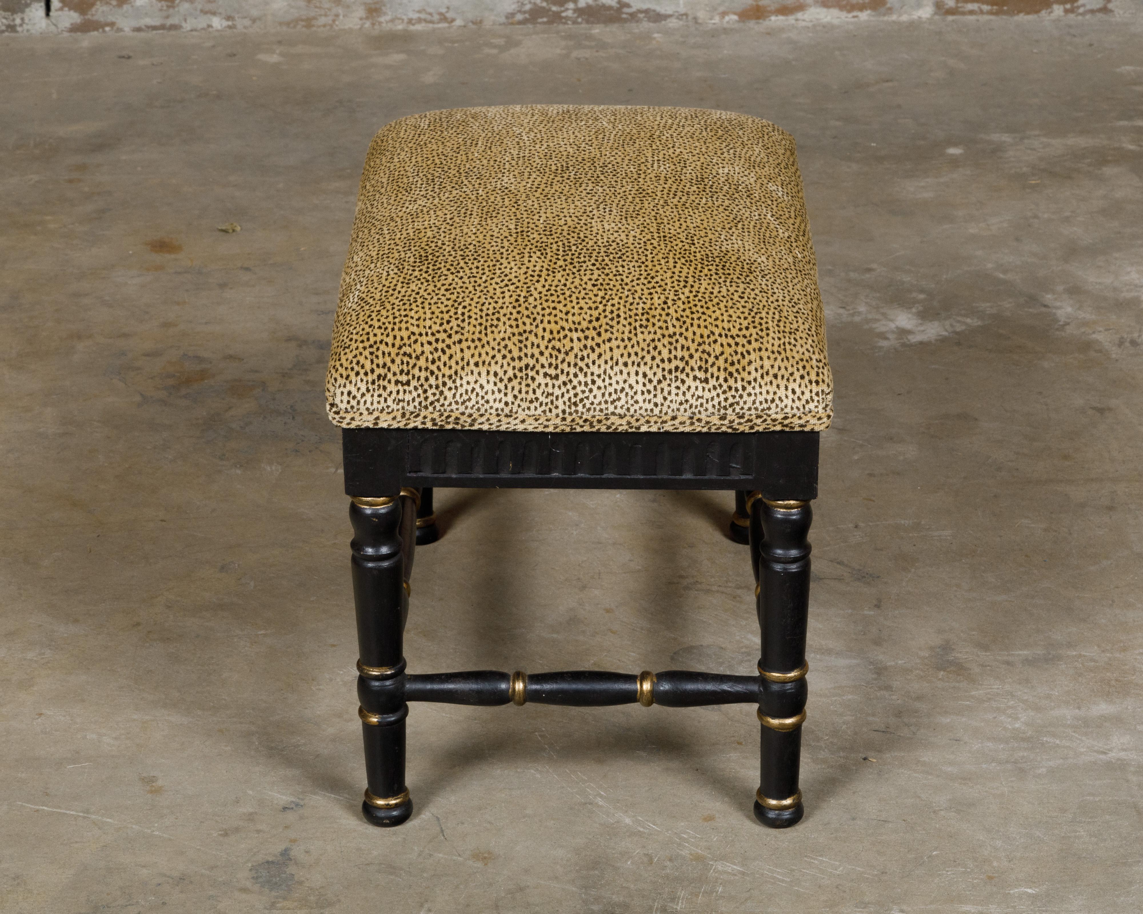 20th Century Midcentury English Black and Gold Ebonized Stool with Leopard Upholstery