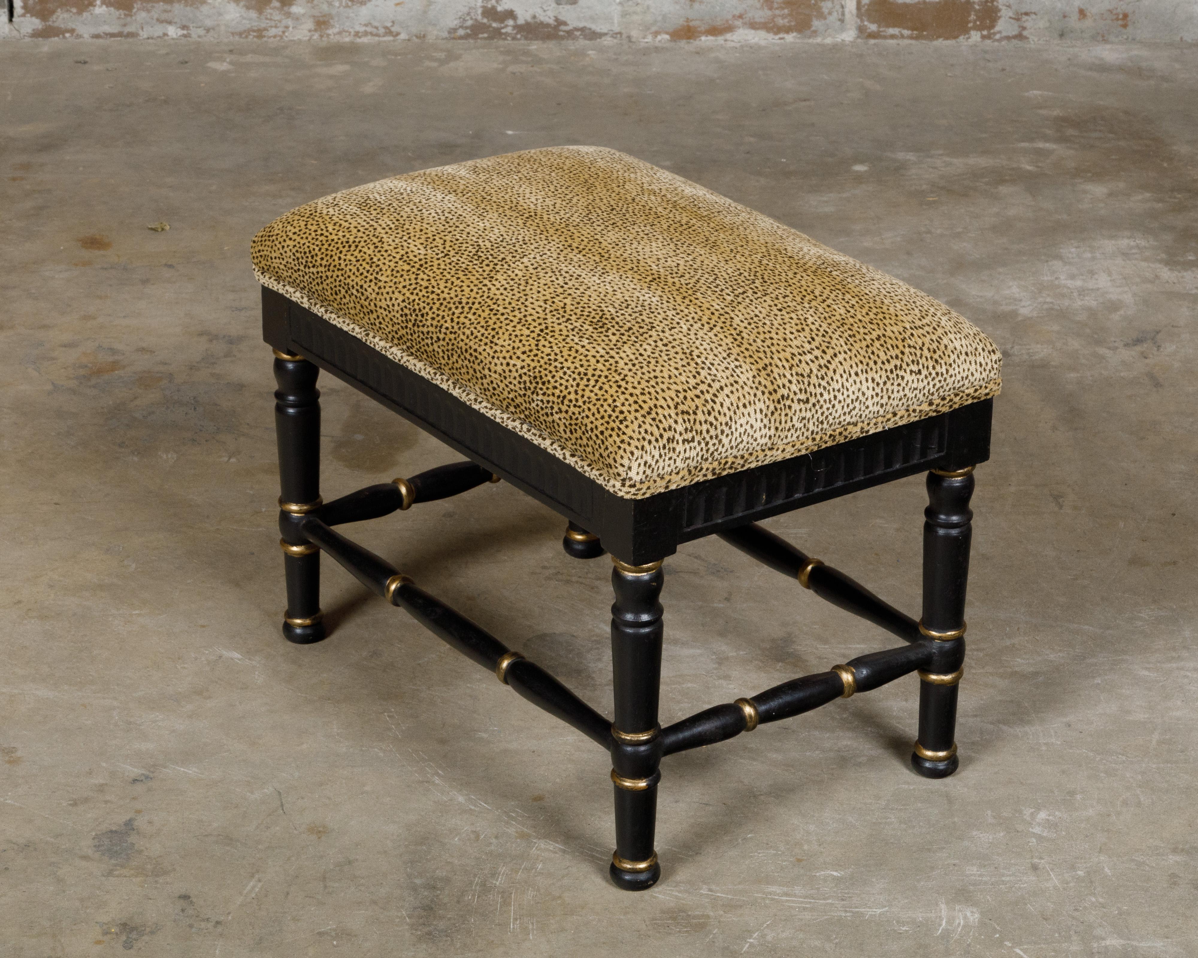 Midcentury English Black and Gold Ebonized Stool with Leopard Upholstery 1