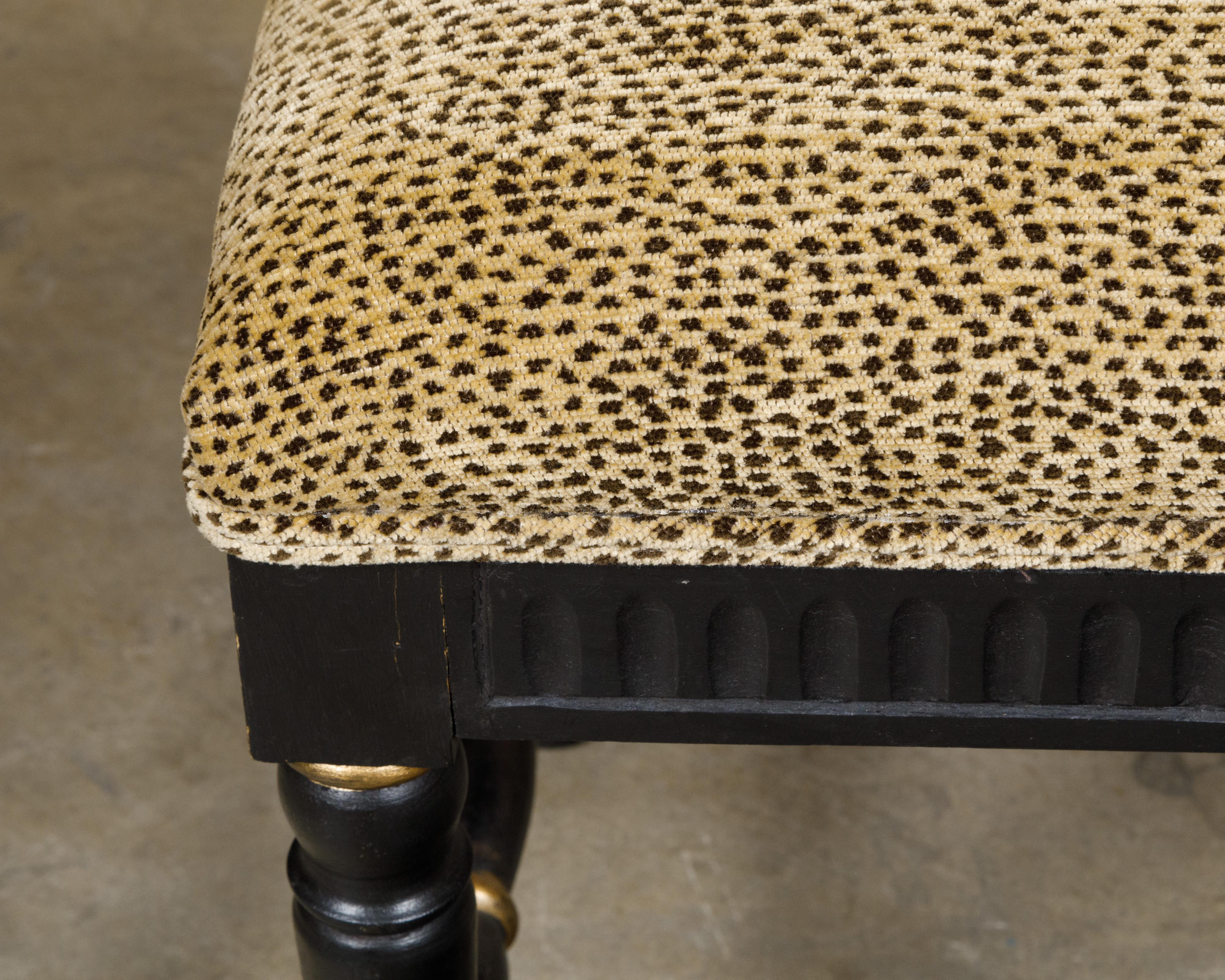 Midcentury English Black and Gold Ebonized Stool with Leopard Upholstery 2
