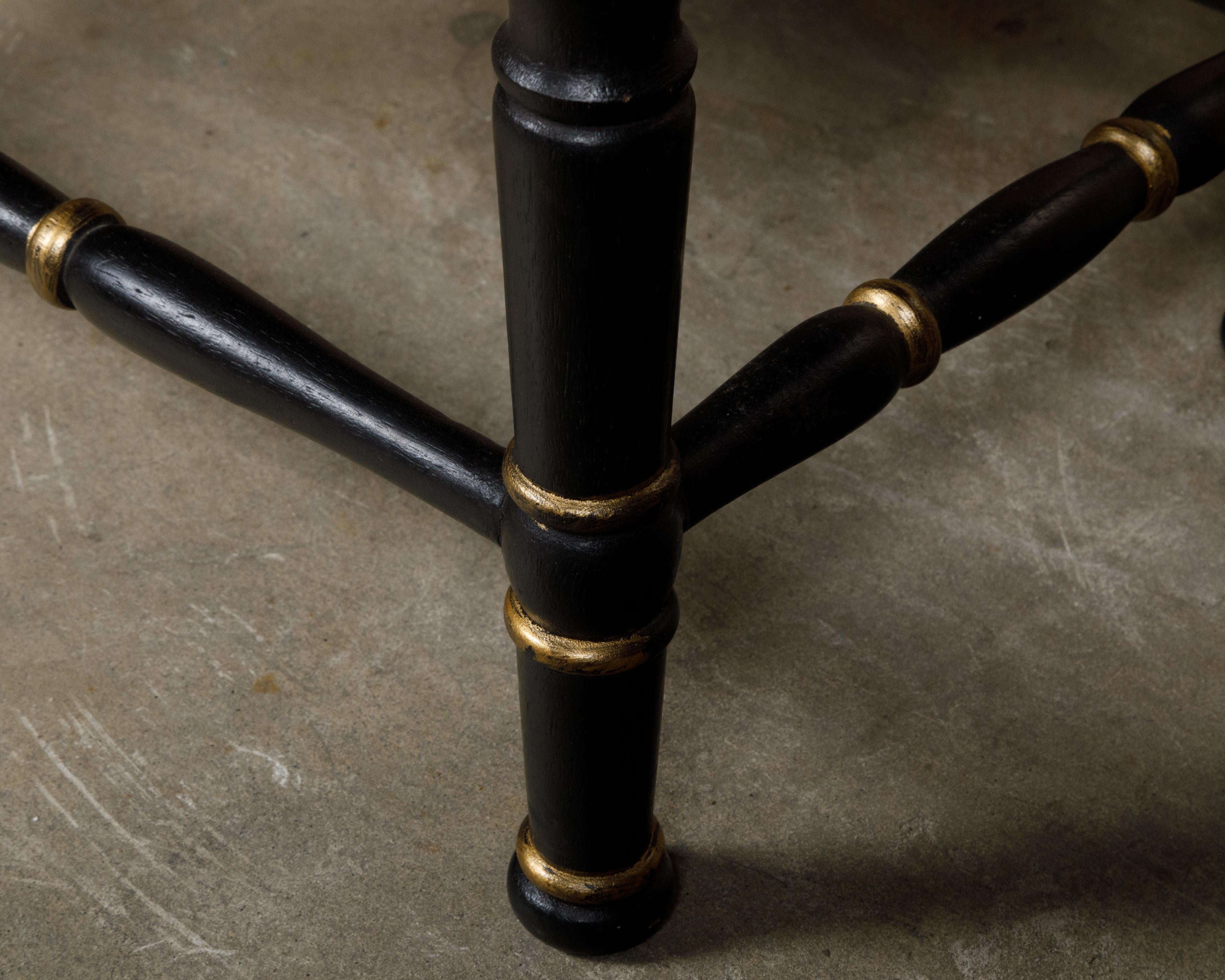 Midcentury English Black and Gold Ebonized Stool with Leopard Upholstery 3