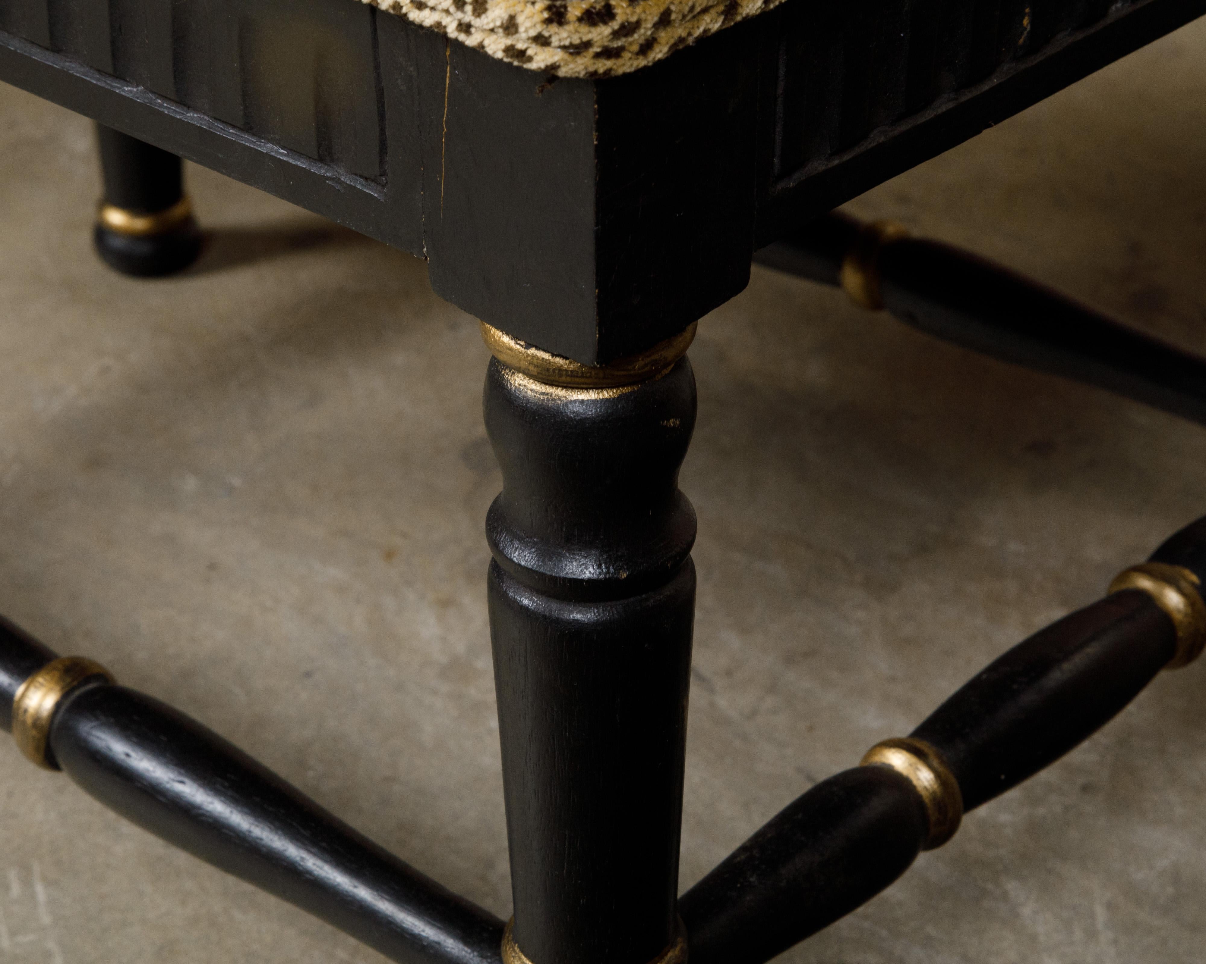 Midcentury English Black and Gold Ebonized Stool with Leopard Upholstery 4