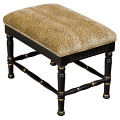Midcentury English Black and Gold Ebonized Stool with Leopard Upholstery