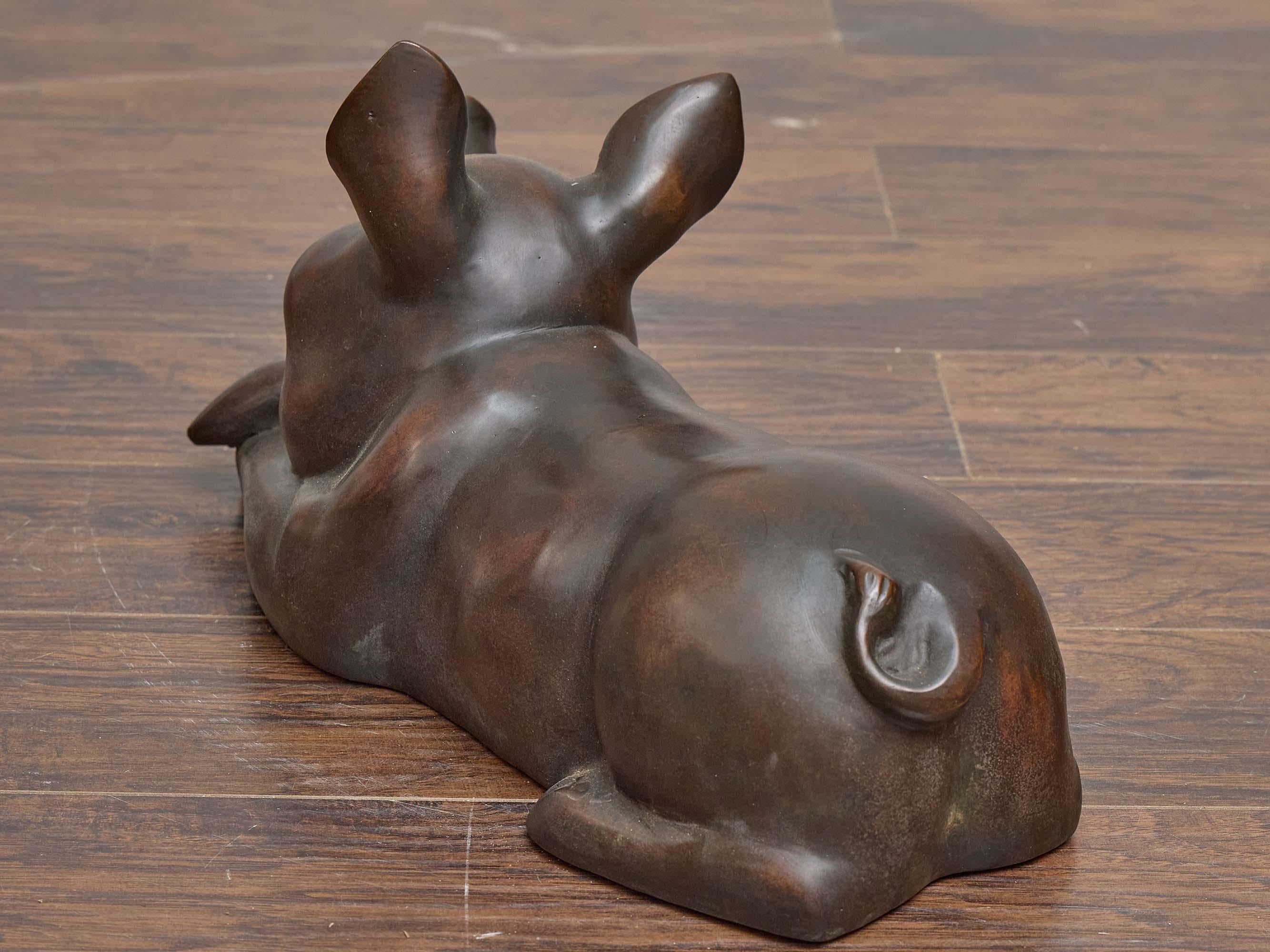 Mid-Century Modern Midcentury English Bronze Reclining Pig Sculpture with Naturalistic Detail For Sale