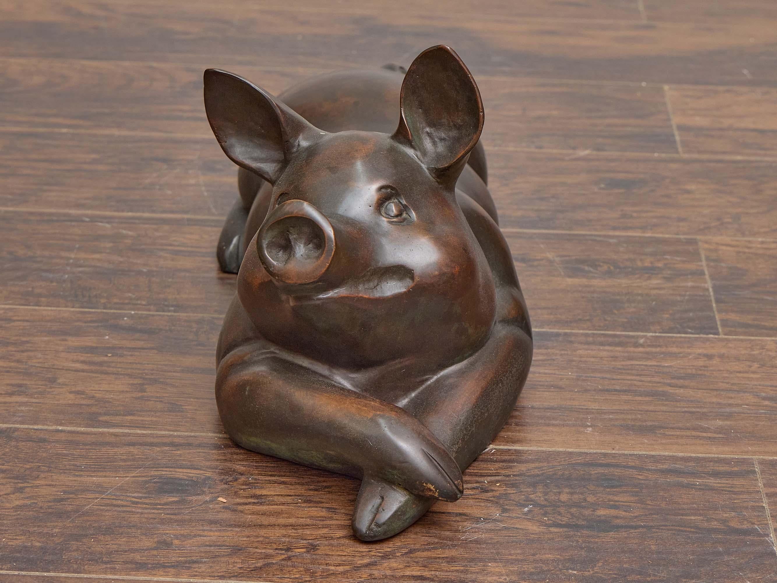 20th Century Midcentury English Bronze Reclining Pig Sculpture with Naturalistic Detail For Sale