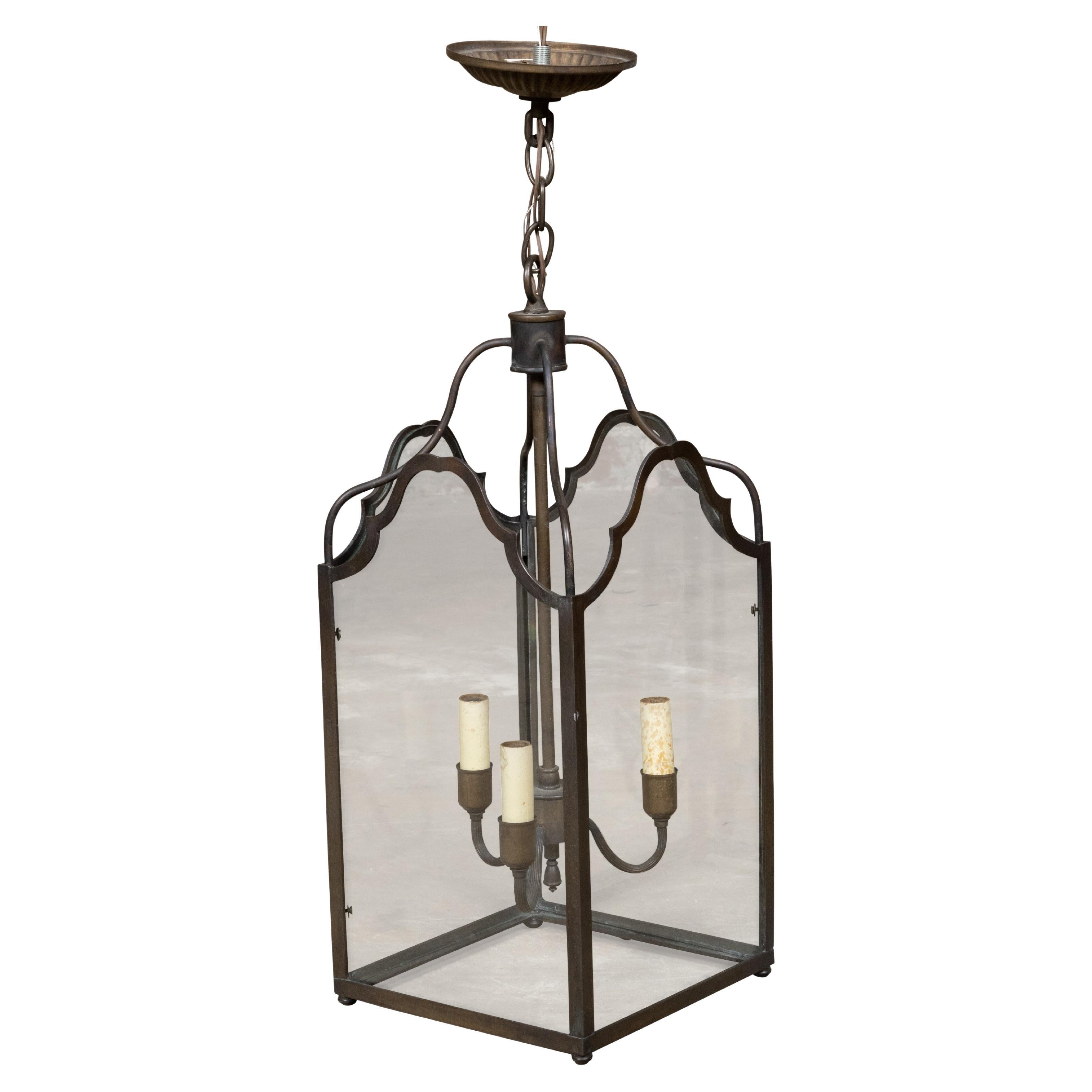 Midcentury English Bronze Three-Light Lantern with Glass Panels, USA Wired