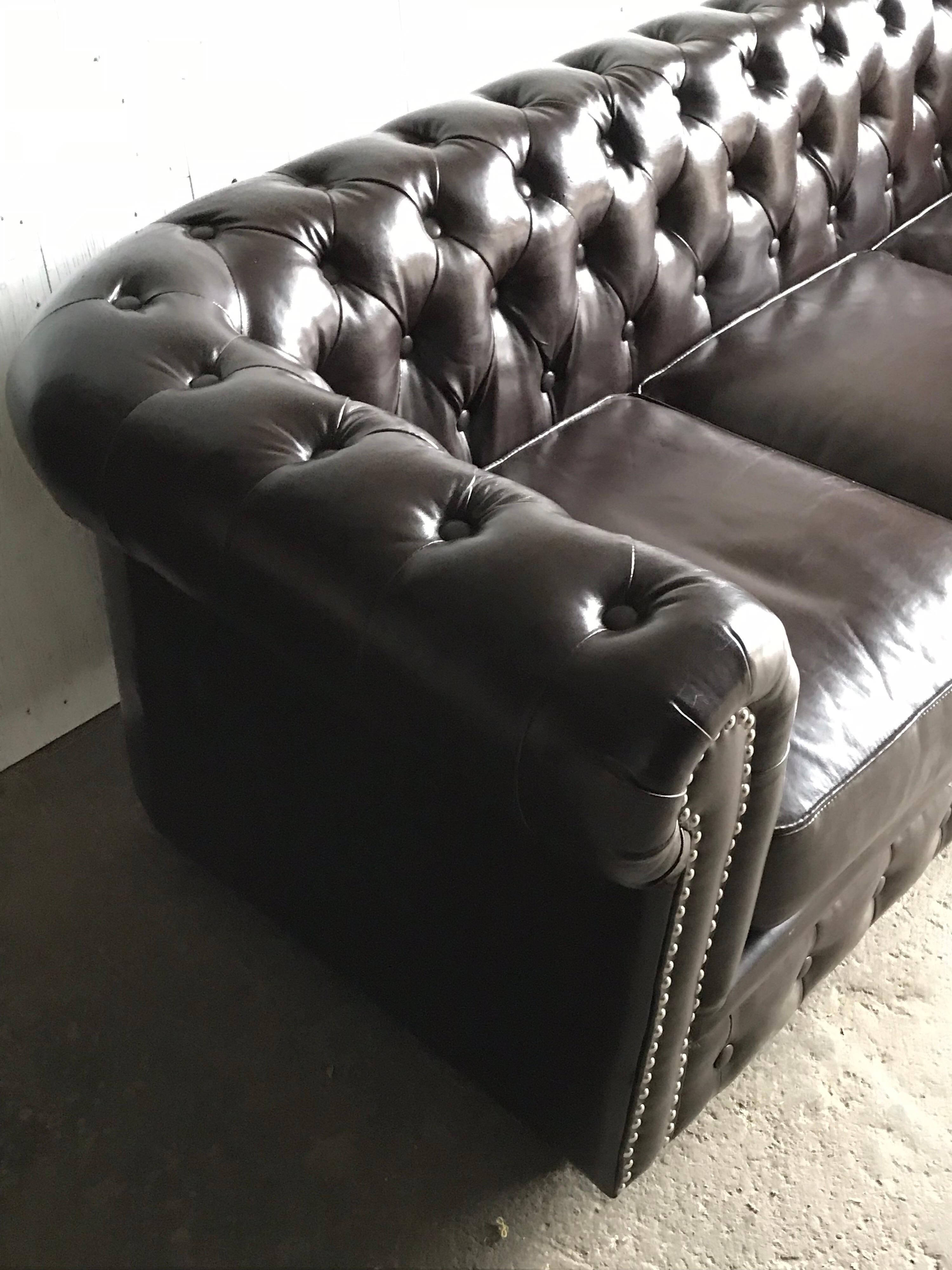 Leather Midcentury English Brown Chesterfield Sofa For Sale