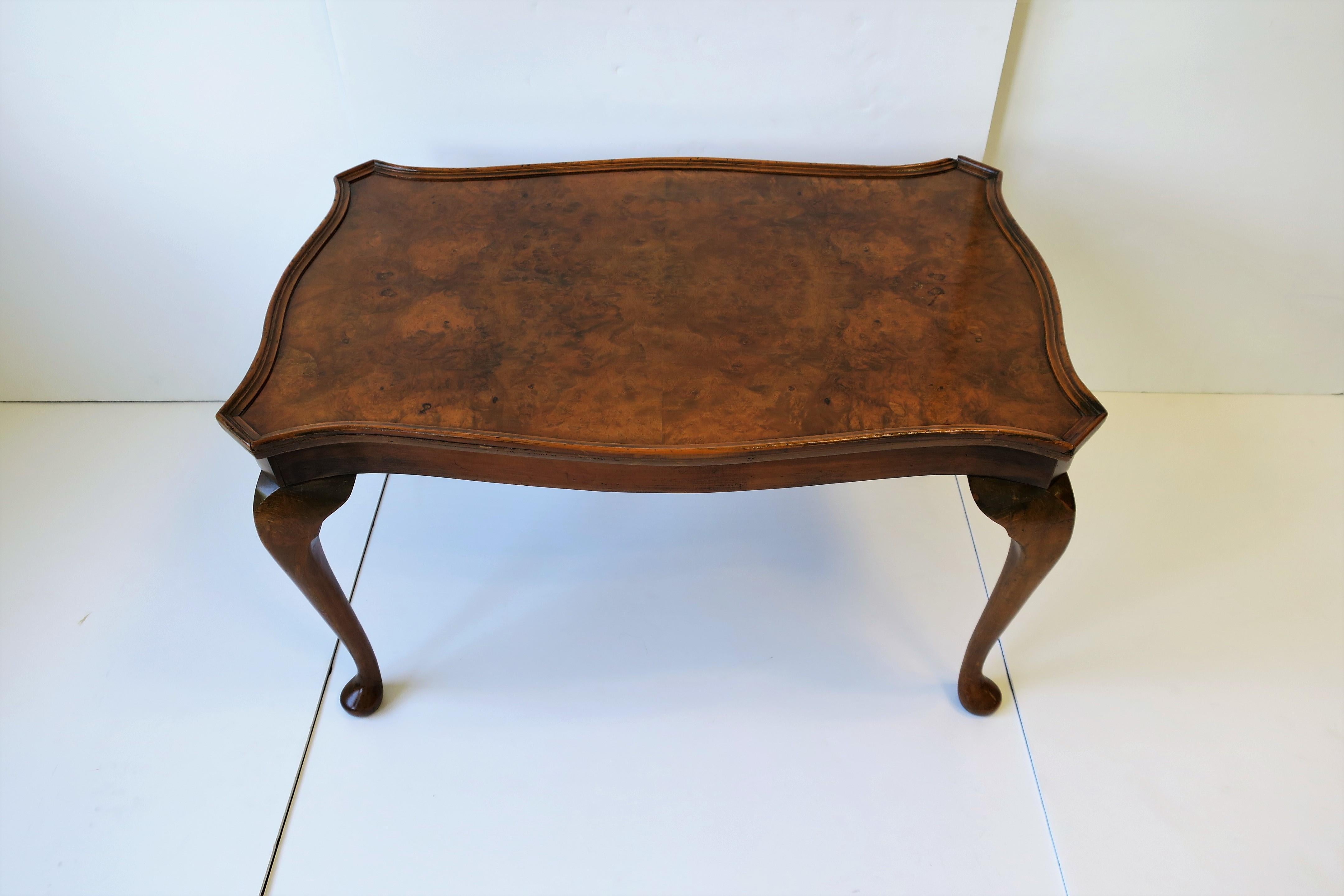 Queen Anne Midcentury English Burl Wood Coffee Table