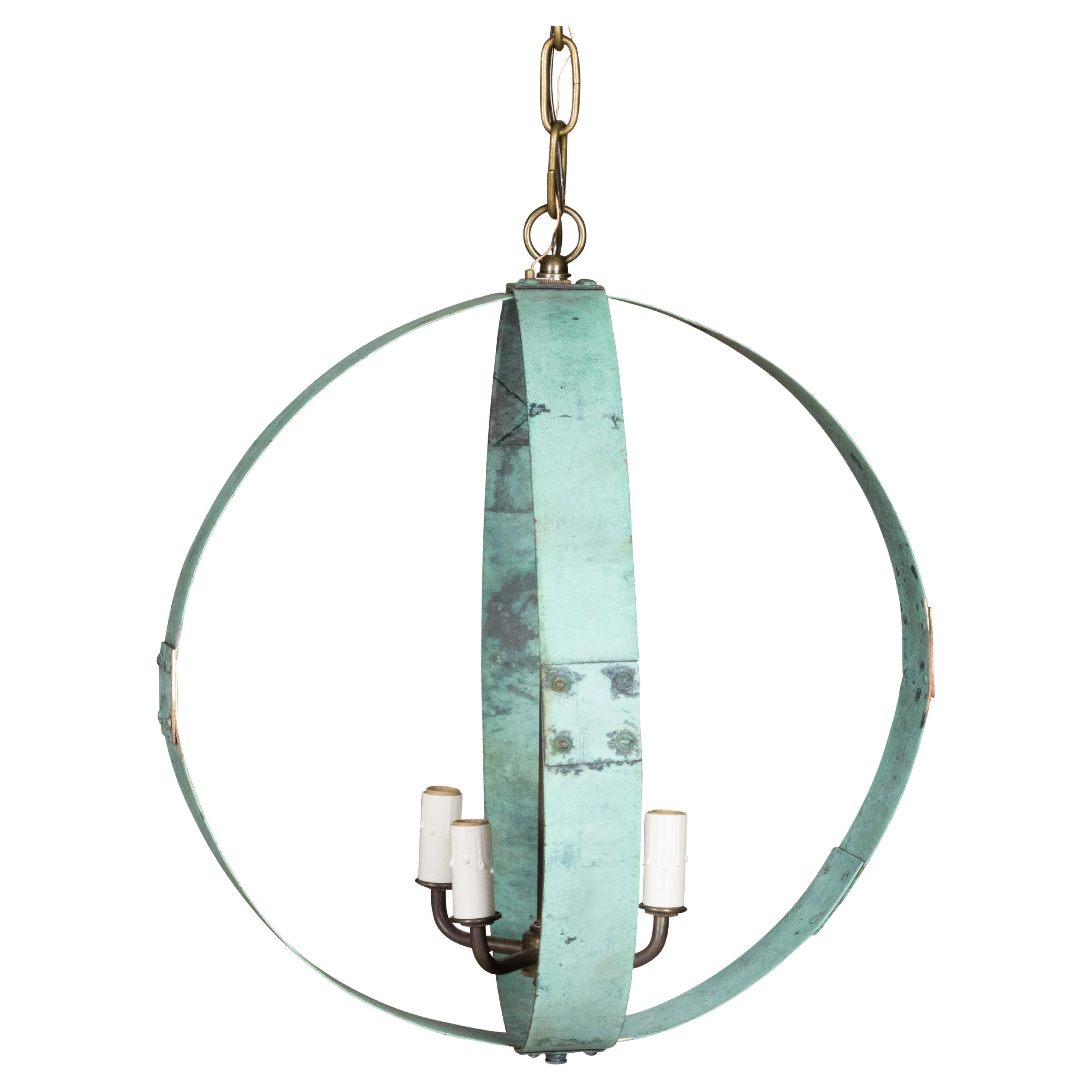 Midcentury English Copper Double Sphere Light Fixture with Verdigris Patina