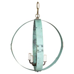 Lámpara de cobre inglesa de mediados de siglo con doble esfera y pátina de verdigris