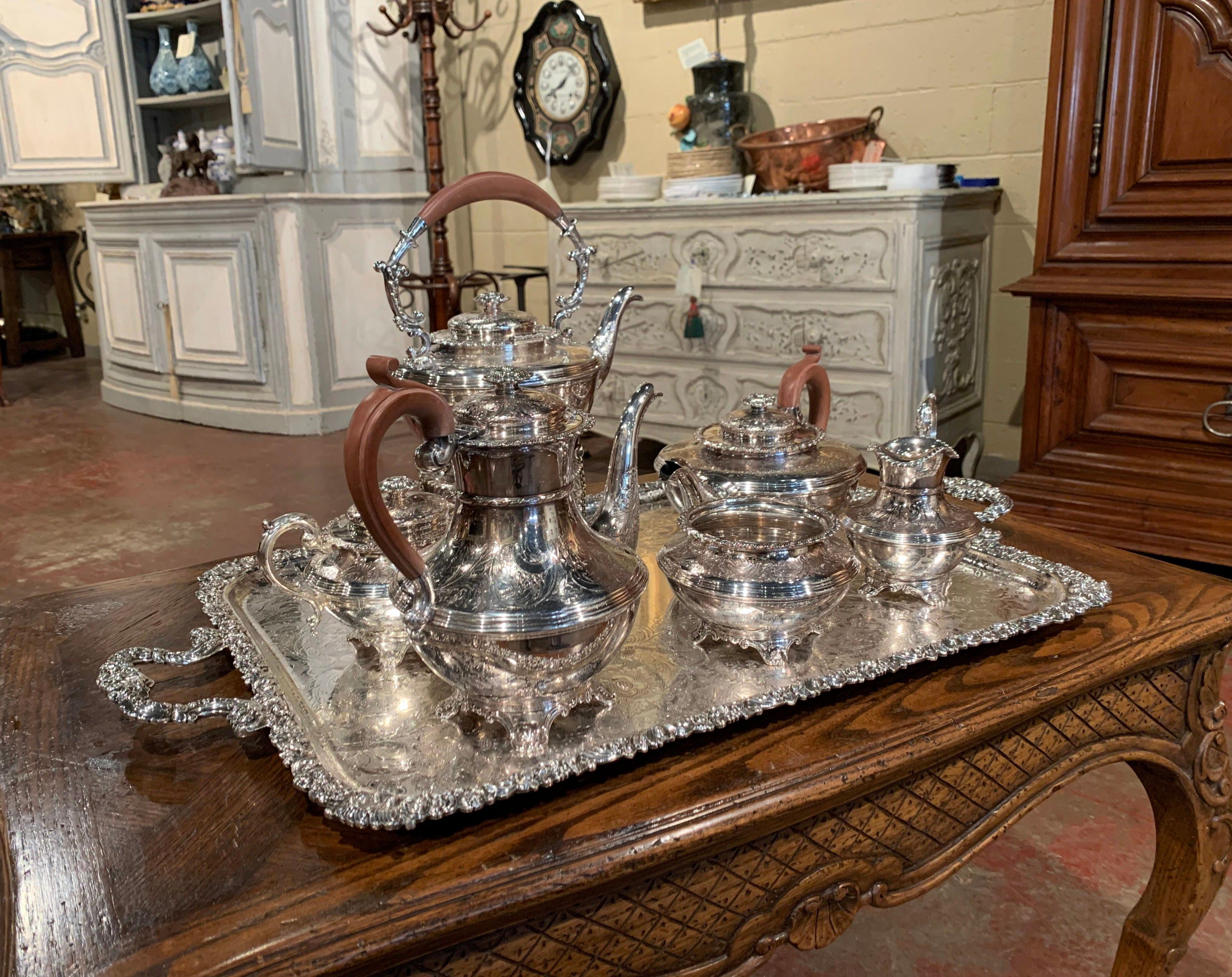 Midcentury English Copper Silver Plated Tea Set and Tray Stamped Barker Ellis In Excellent Condition For Sale In Dallas, TX