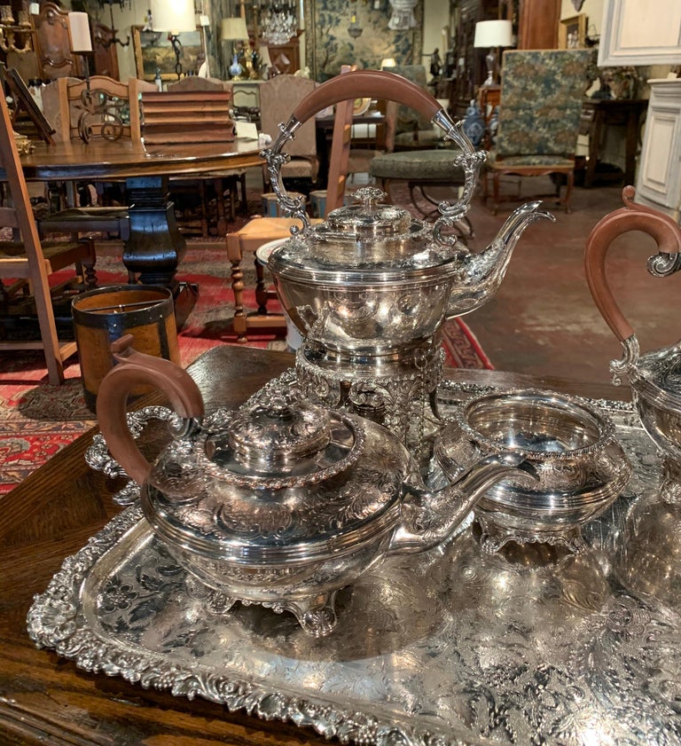 Midcentury English Copper Silver Plated Tea Set and Tray Stamped Barker