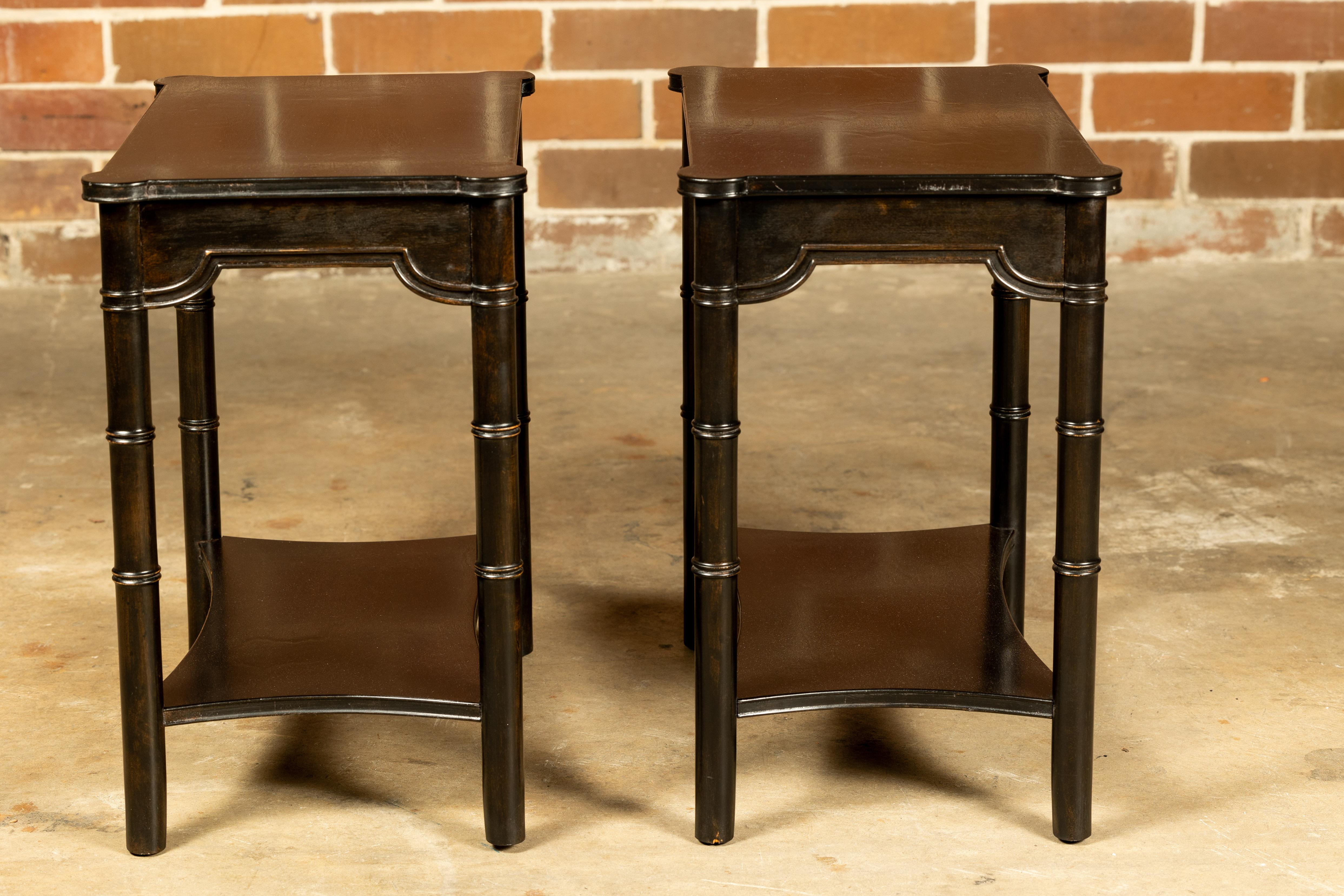 Midcentury English Ebonized Faux Bamboo Side Tables with Carved Aprons, a Pair For Sale 8