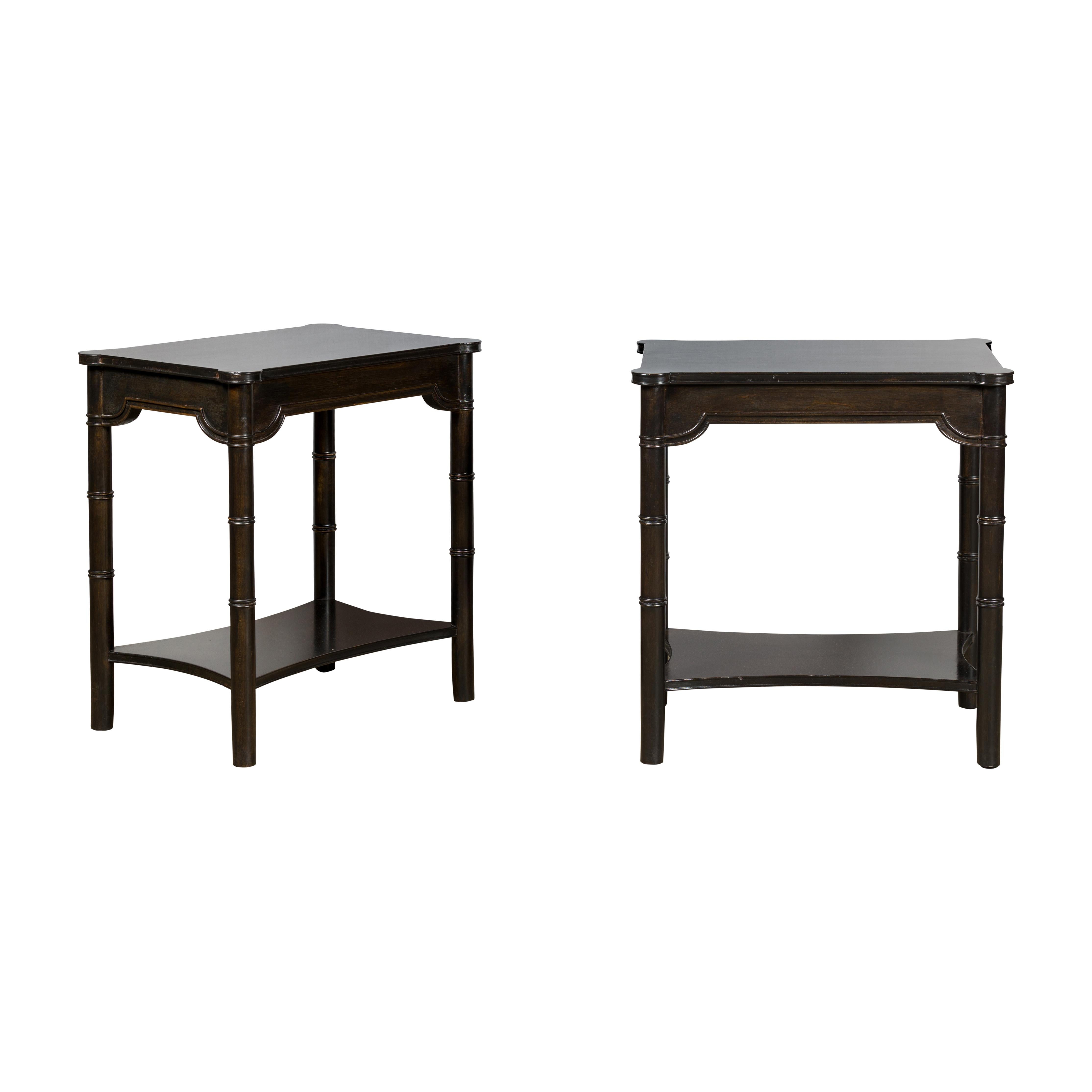 Midcentury English Ebonized Faux Bamboo Side Tables with Carved Aprons, a Pair For Sale 9