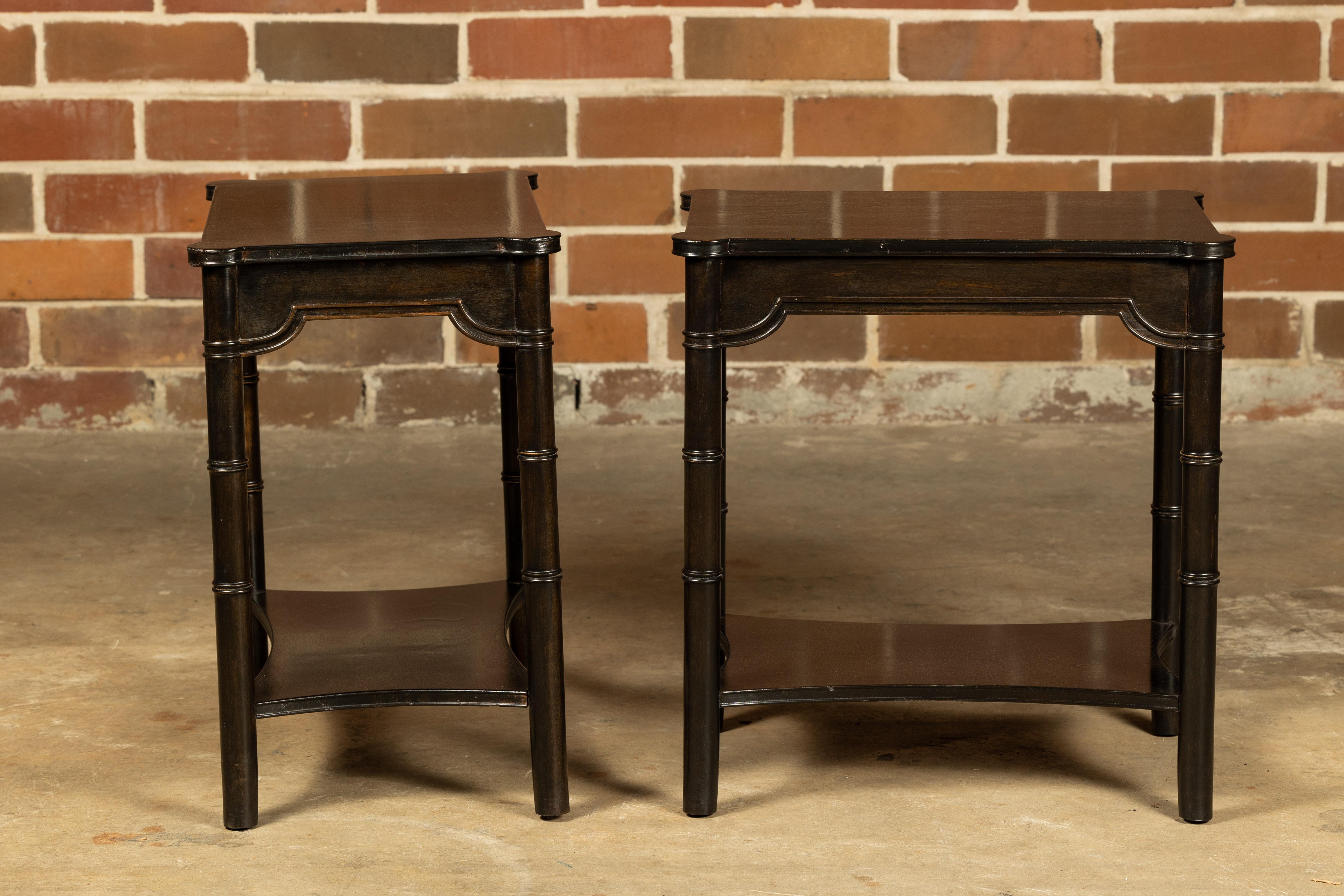 Mid-Century Modern Midcentury English Ebonized Faux Bamboo Side Tables with Carved Aprons, a Pair For Sale