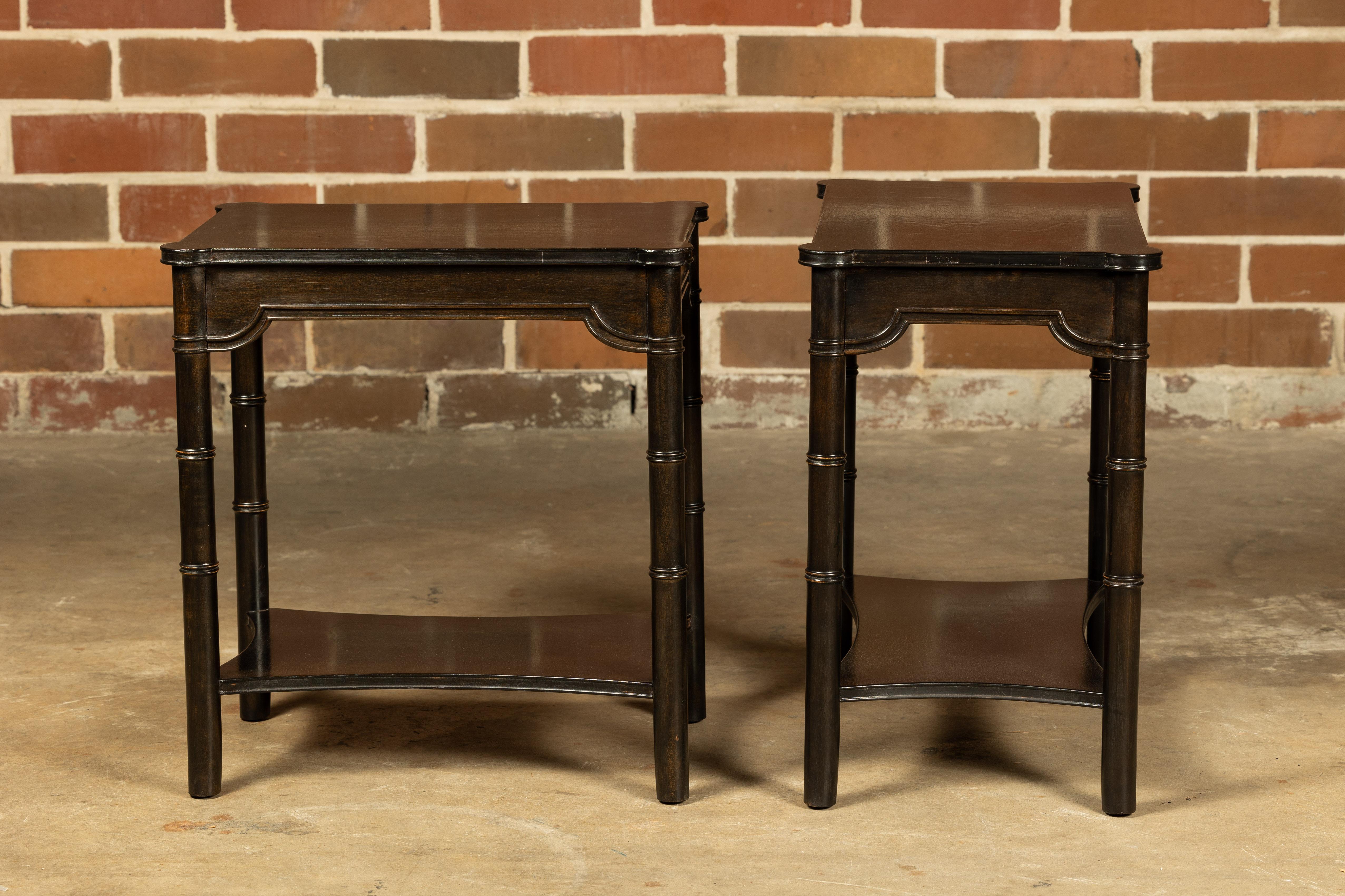 Midcentury English Ebonized Faux Bamboo Side Tables with Carved Aprons, a Pair In Good Condition For Sale In Atlanta, GA