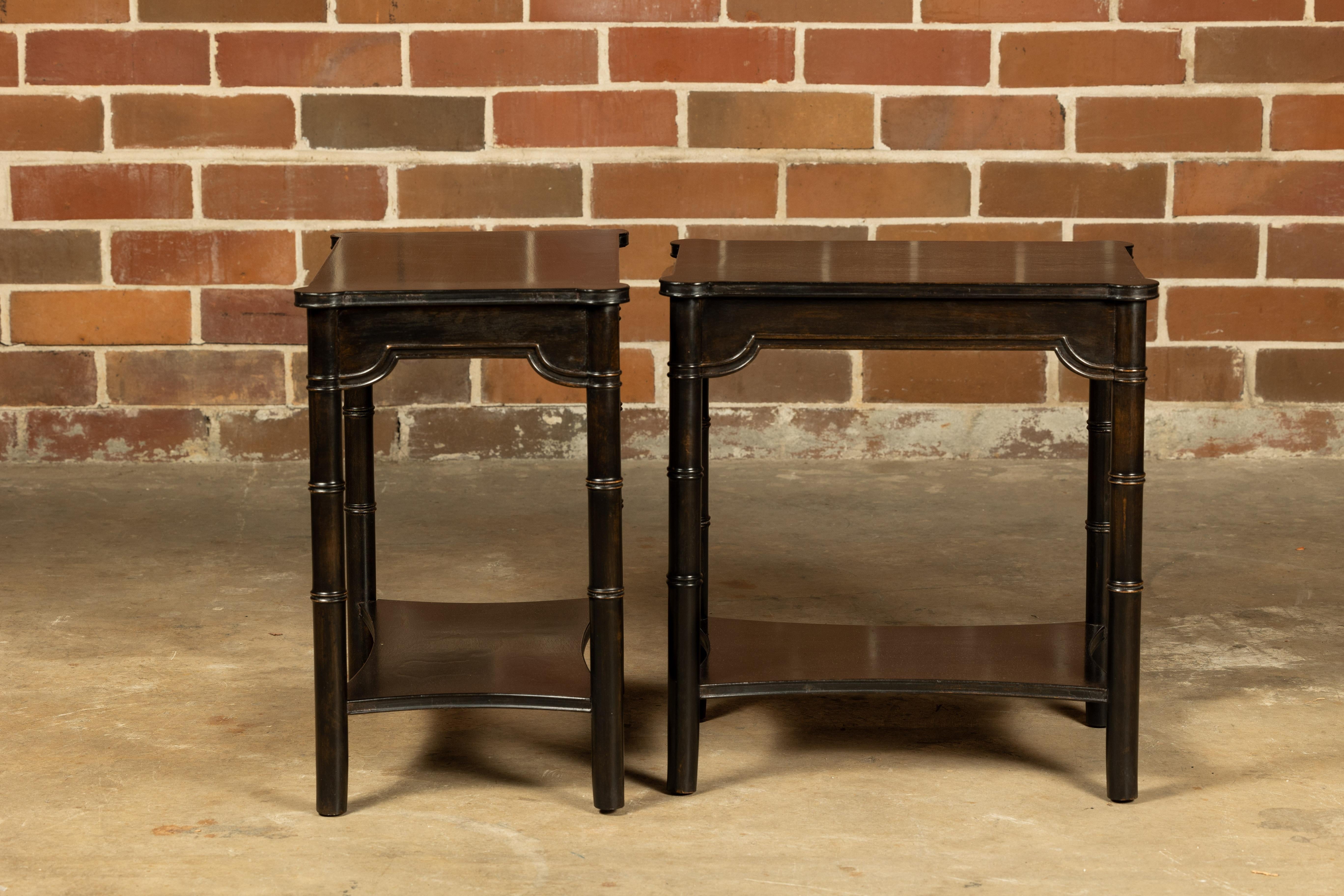 20th Century Midcentury English Ebonized Faux Bamboo Side Tables with Carved Aprons, a Pair For Sale