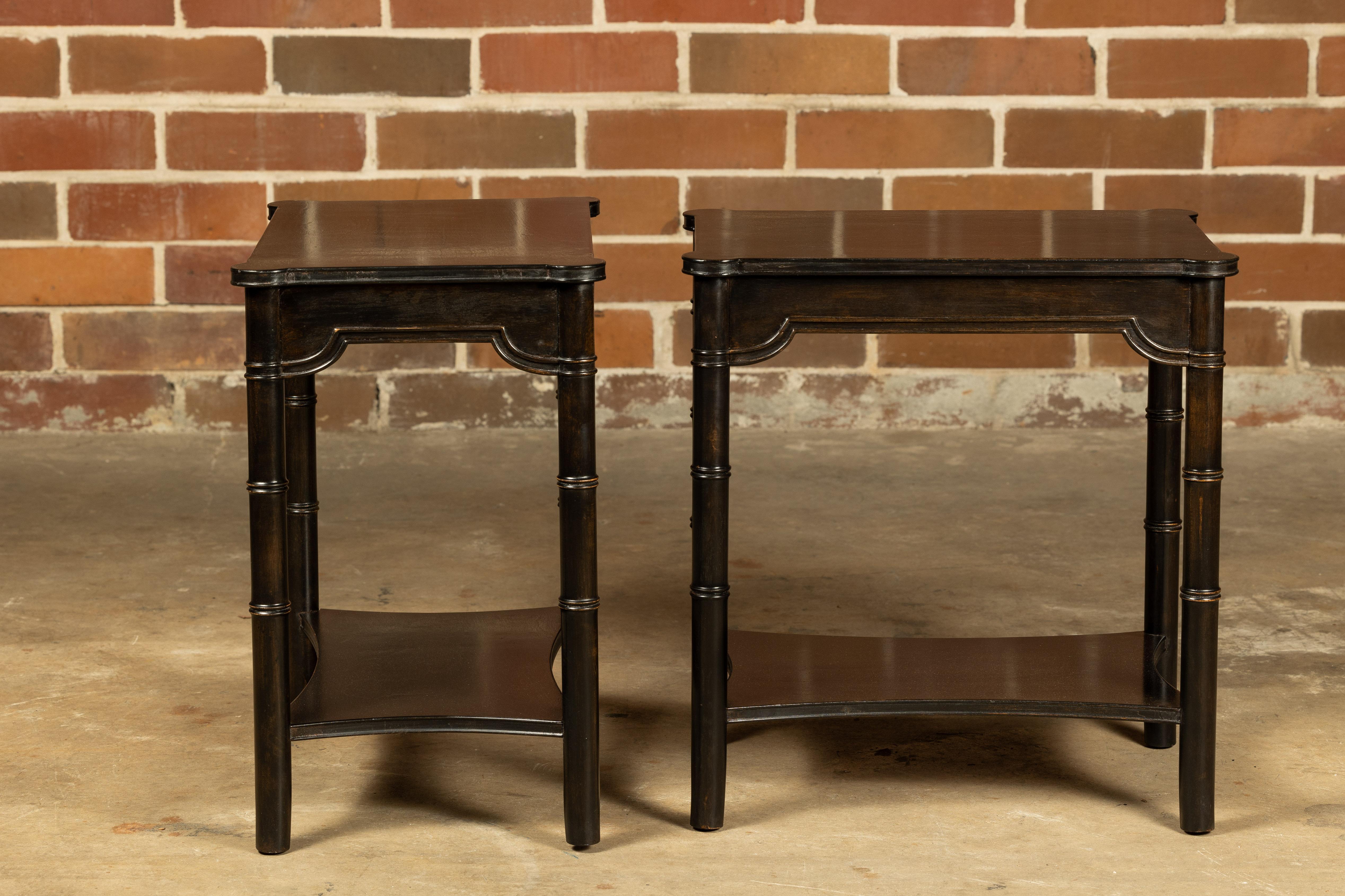 Midcentury English Ebonized Faux Bamboo Side Tables with Carved Aprons, a Pair For Sale 1