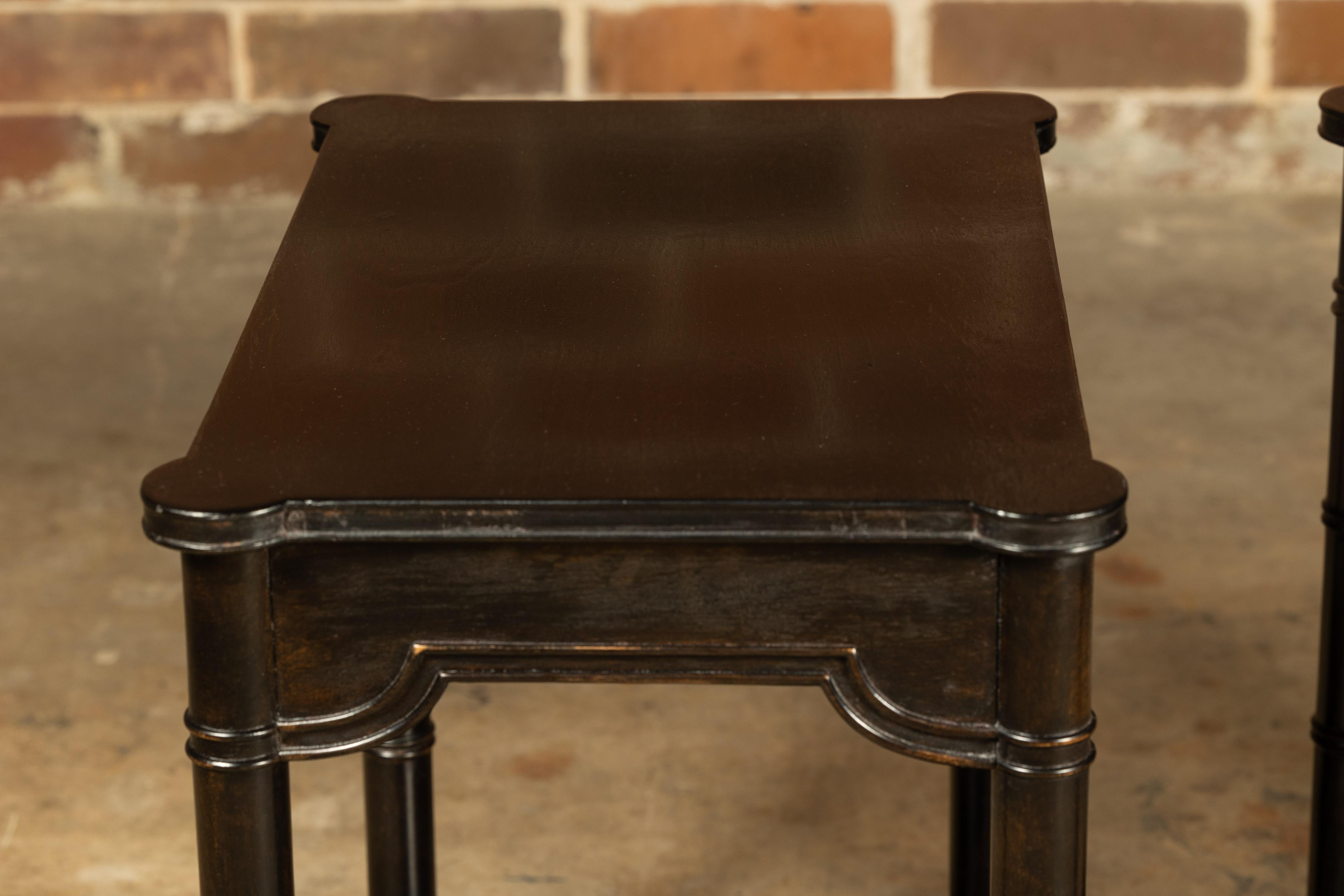 Midcentury English Ebonized Faux Bamboo Side Tables with Carved Aprons, a Pair For Sale 2