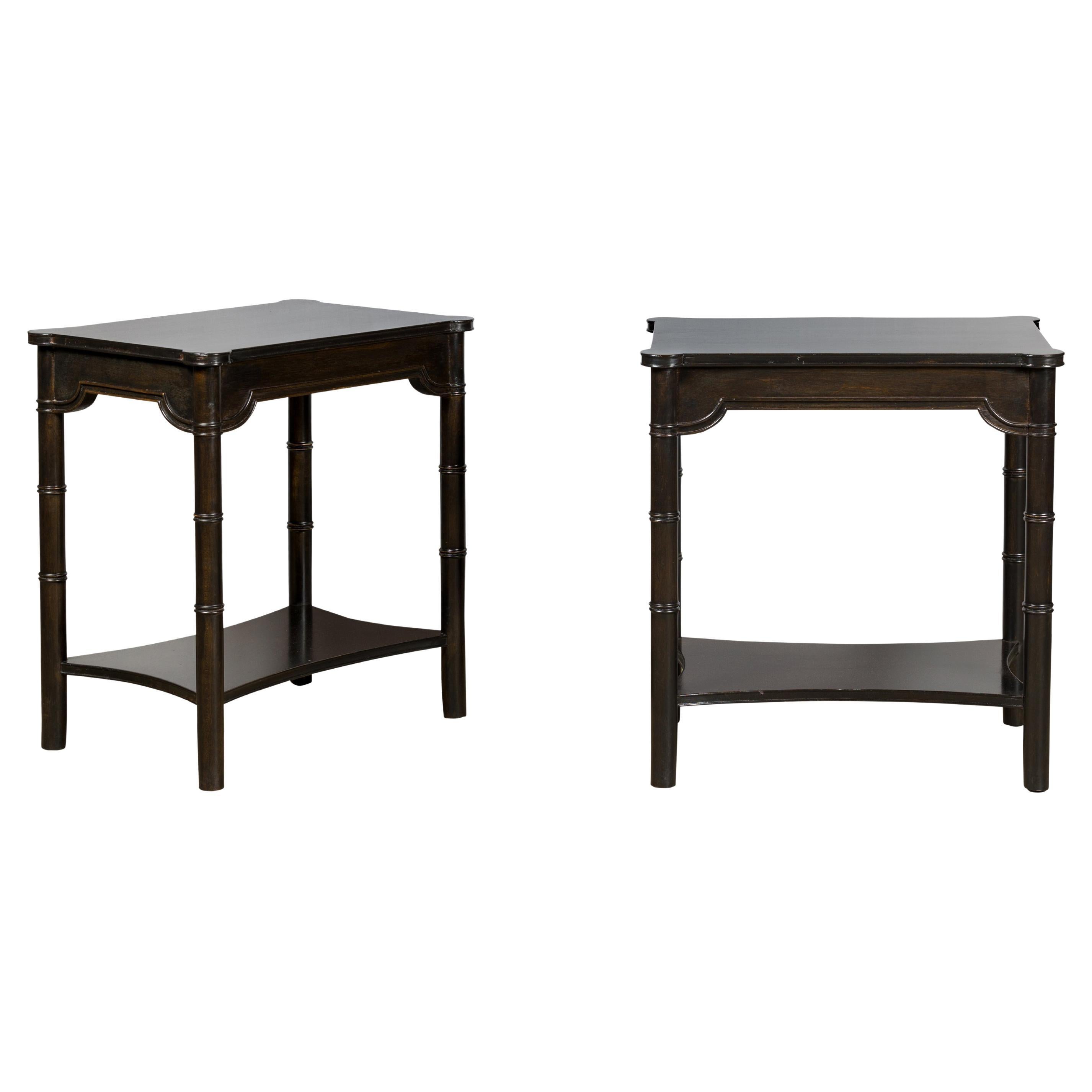 Midcentury English Ebonized Faux Bamboo Side Tables with Carved Aprons, a Pair For Sale