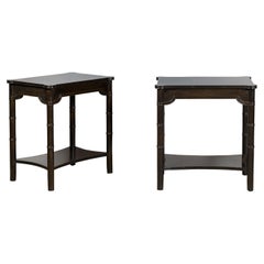 Retro Midcentury English Ebonized Faux Bamboo Side Tables with Carved Aprons, a Pair