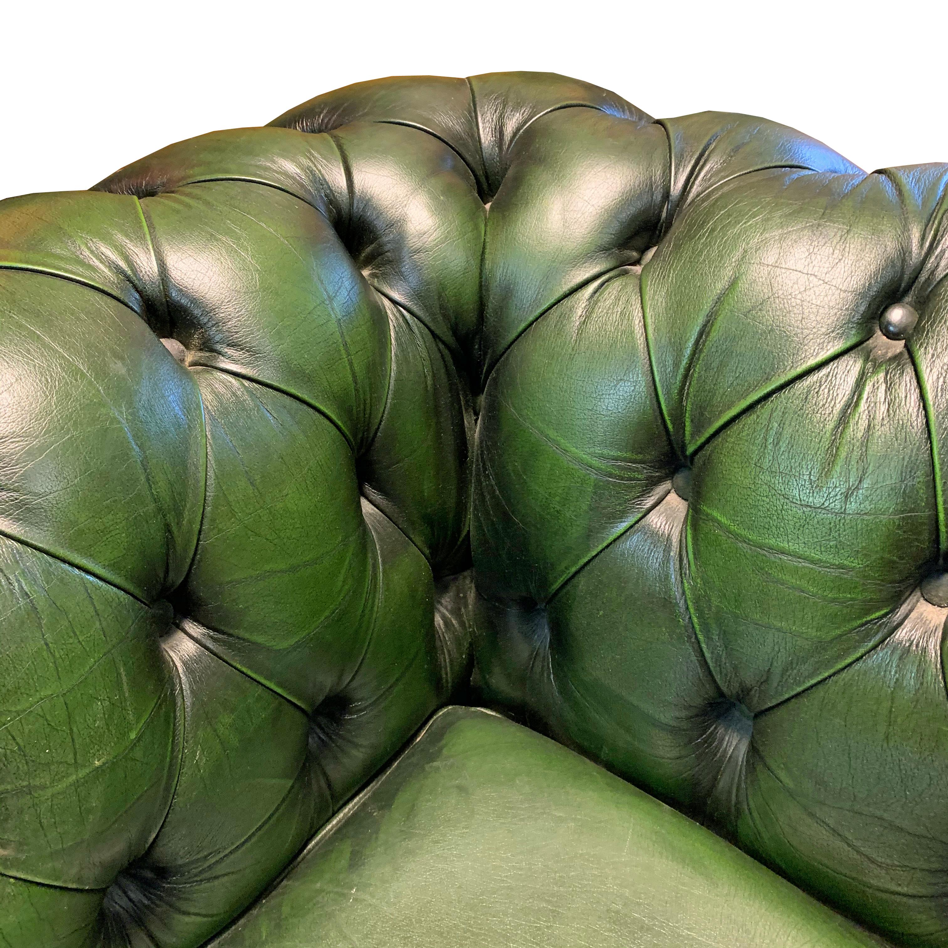 Leather Midcentury English Emerald Green Chesterfield Sofa