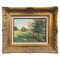 Midcentury English Landscape Oil on Canvas Painting in Gilt Frame Signed Grey