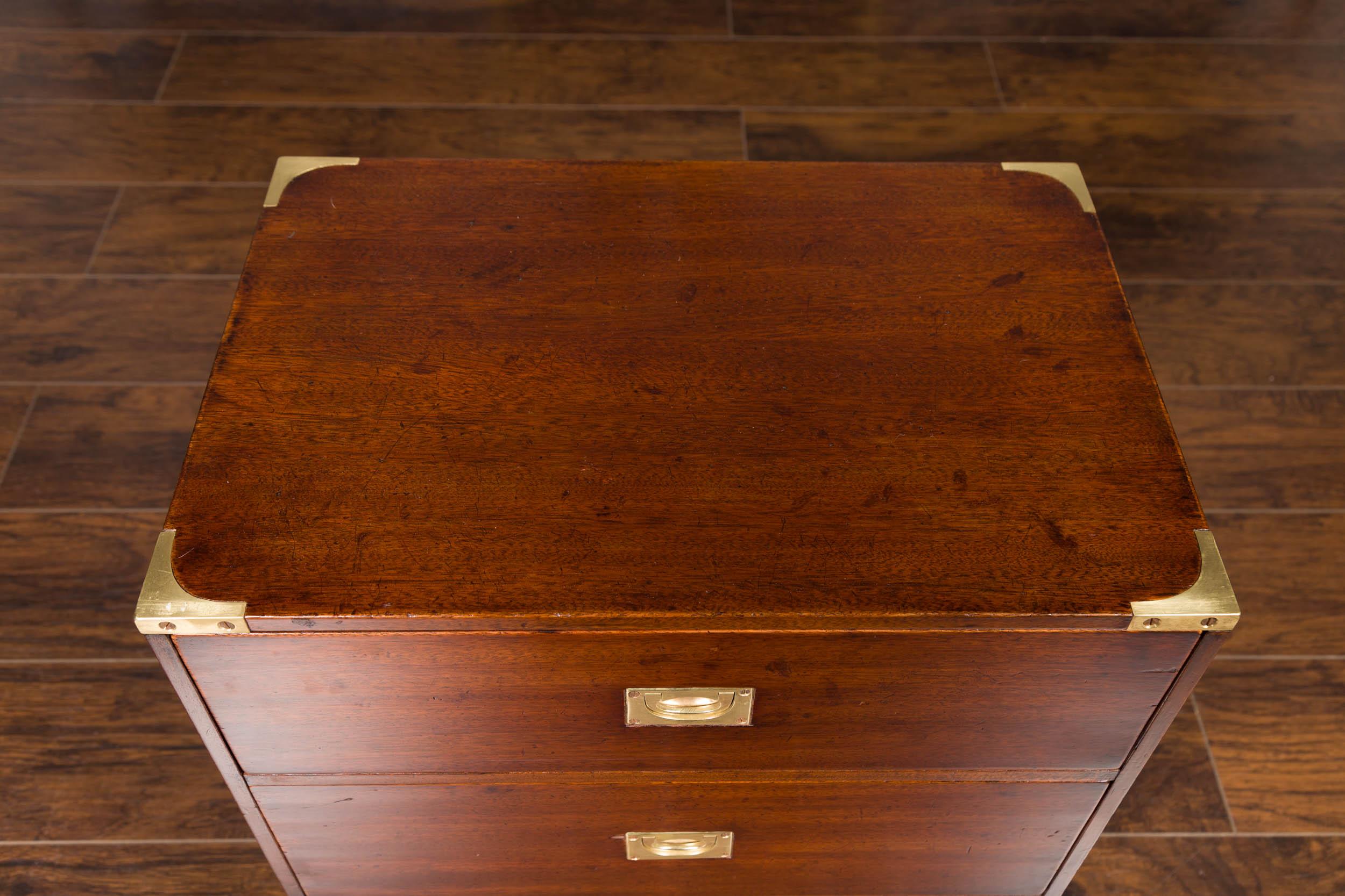 Midcentury English Mahogany Campaign Chest with Brass Hardware and Bracket Feet 7