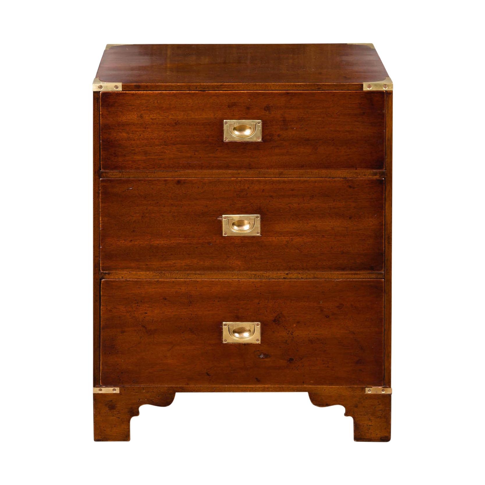 Midcentury English Mahogany Campaign Chest with Brass Hardware and Bracket Feet