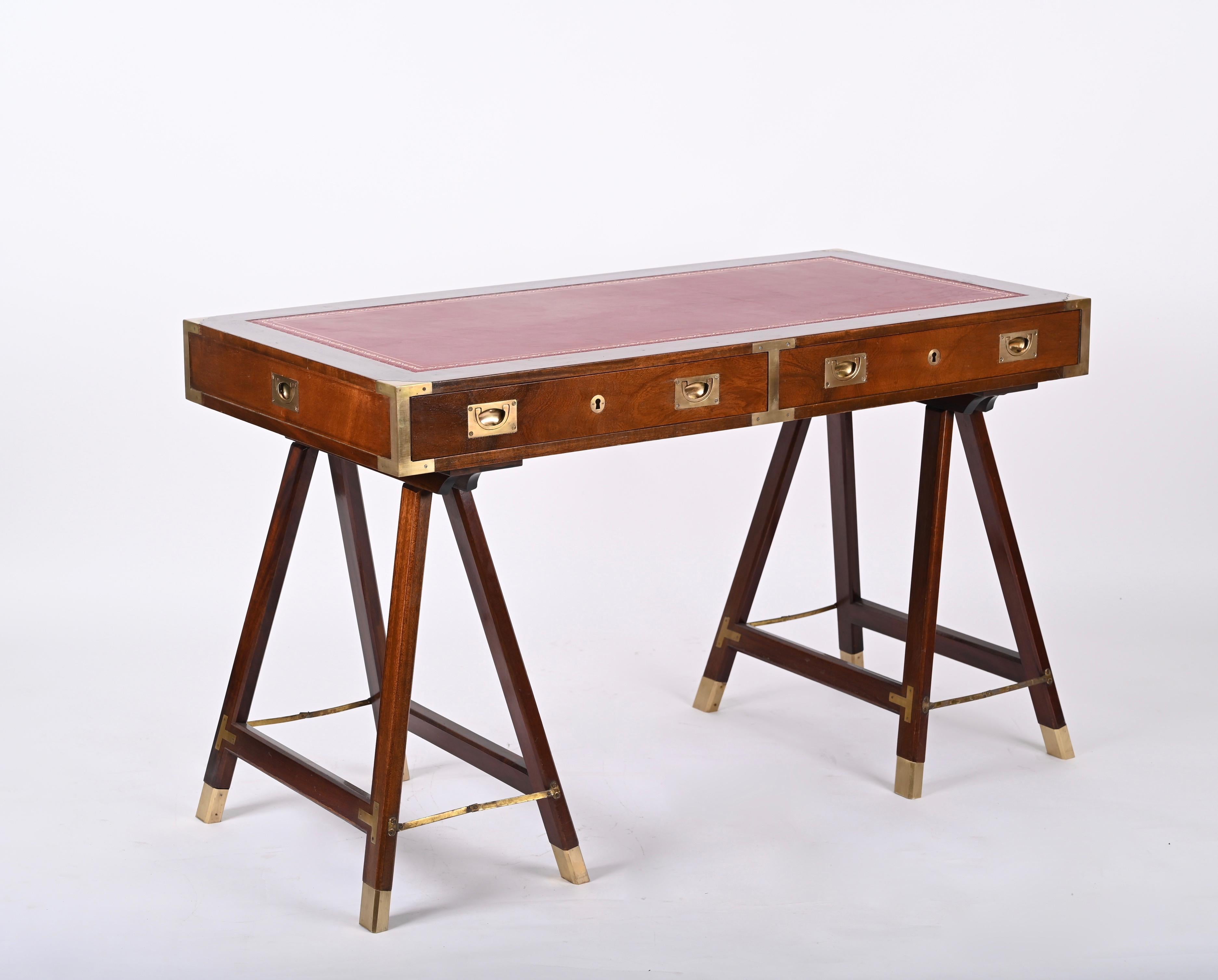Midcentury English Military Style Wood and Brass Desk with Leather Top, 1960s 4