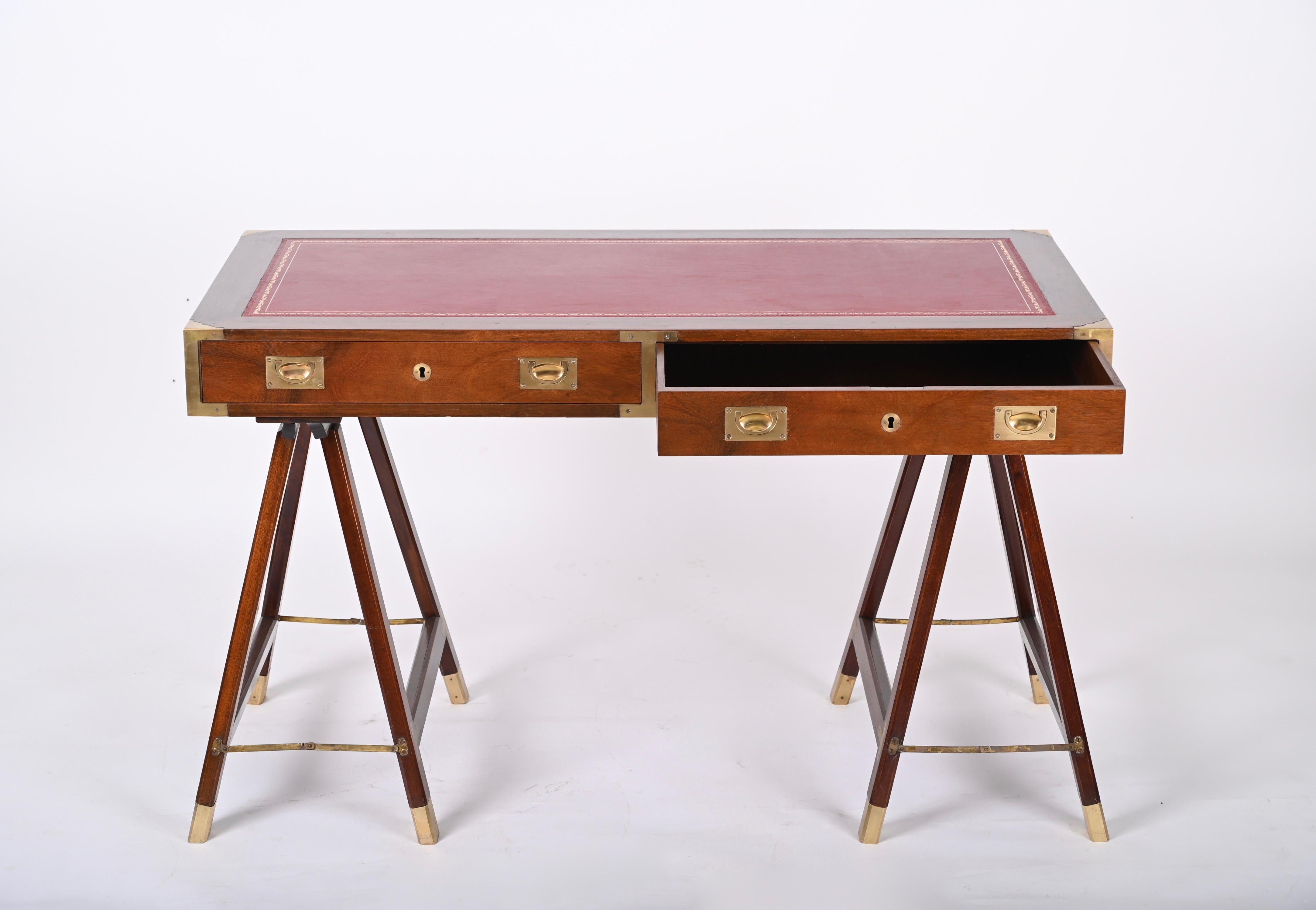 Midcentury English Military Style Wood and Brass Desk with Leather Top, 1960s 5