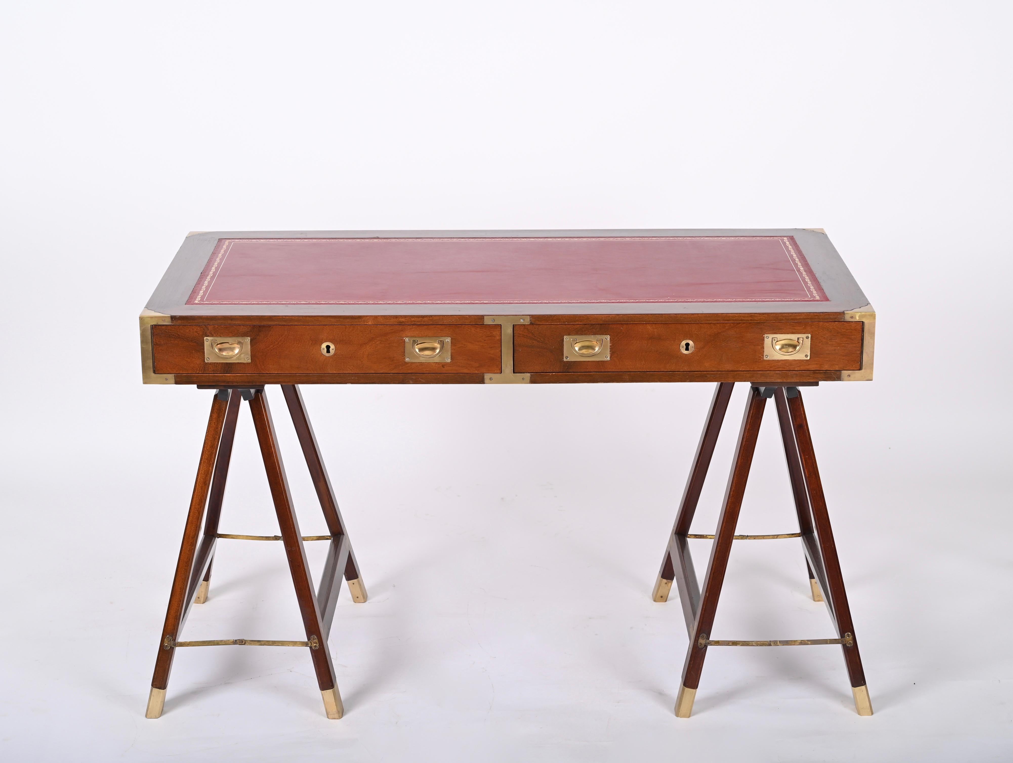 Midcentury English Military Style Wood and Brass Desk with Leather Top, 1960s 6