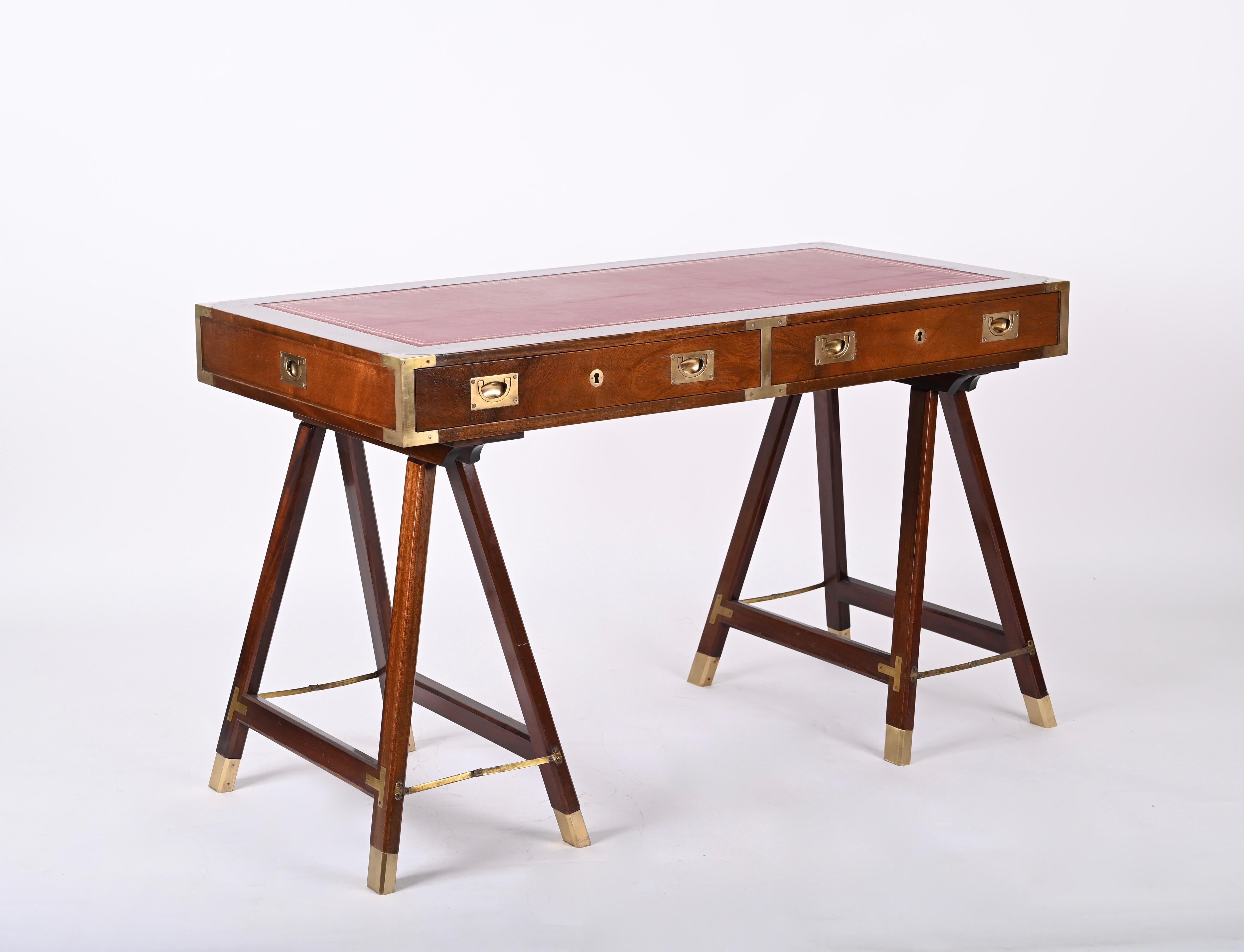 Midcentury English Military Style Wood and Brass Desk with Leather Top, 1960s 7