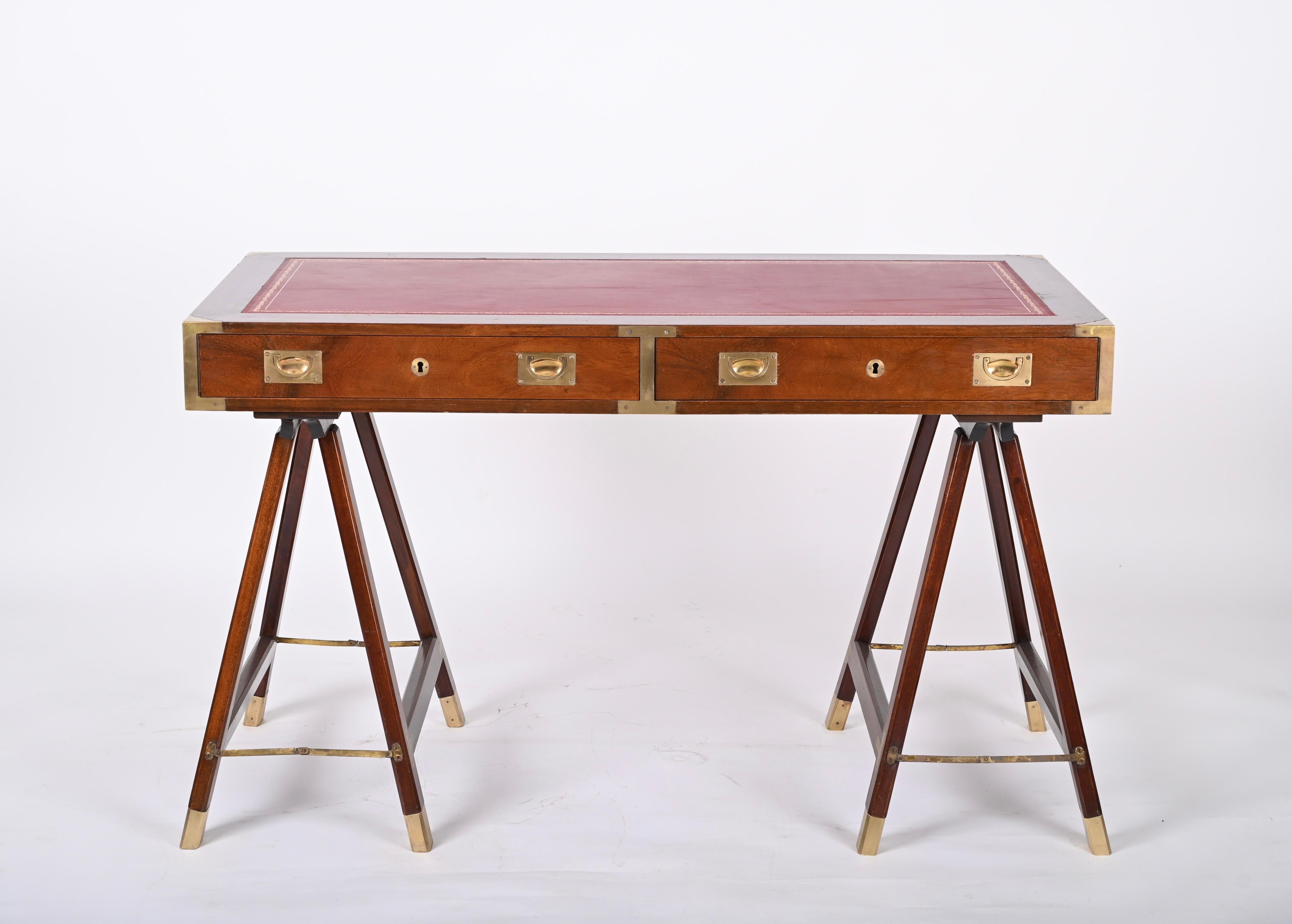 Midcentury English Military Style Wood and Brass Desk with Leather Top, 1960s 8