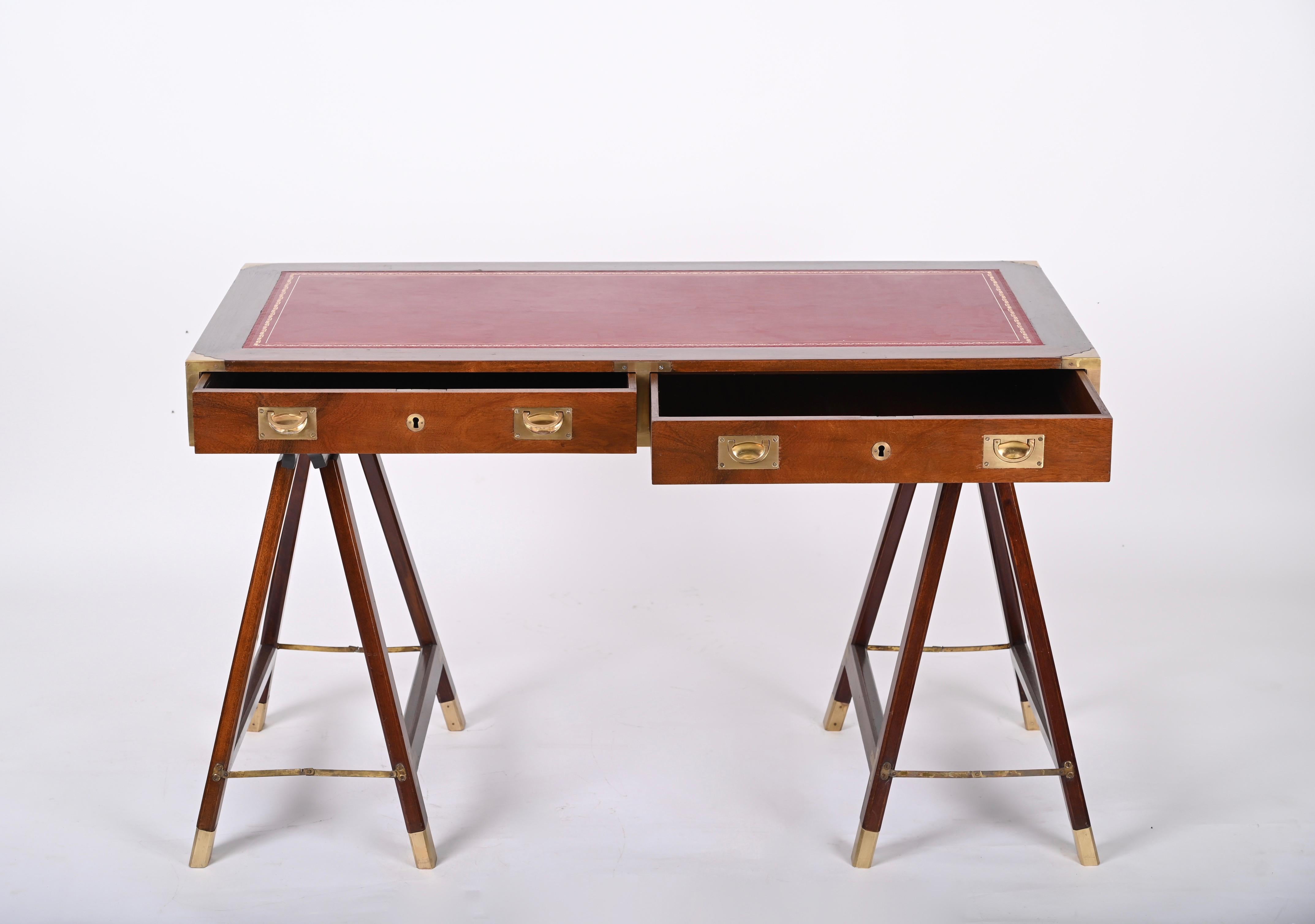 Midcentury English Military Style Wood and Brass Desk with Leather Top, 1960s 9