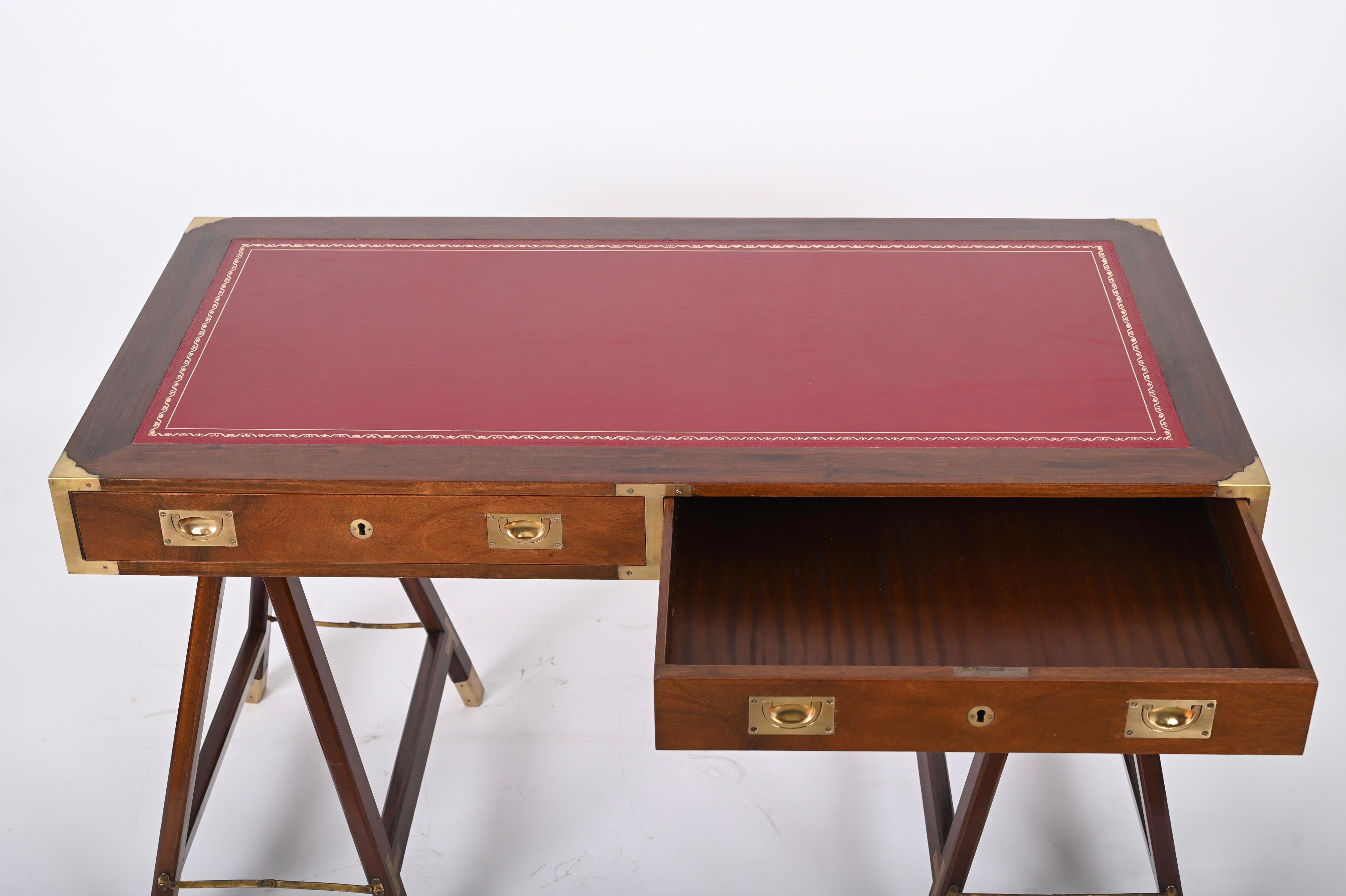 Midcentury English Military Style Wood and Brass Desk with Leather Top, 1960s 13
