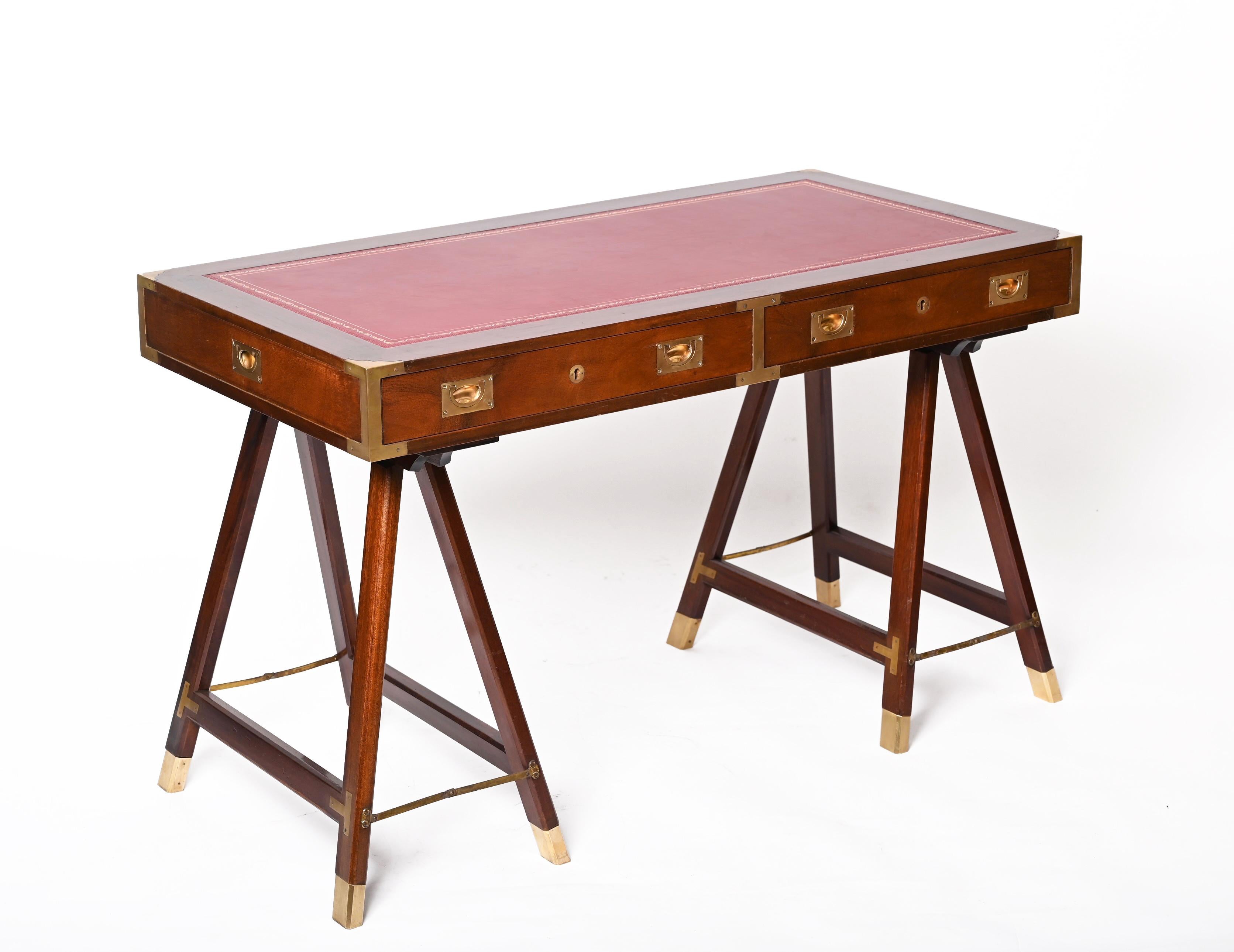 Campaign Midcentury English Military Style Wood and Brass Desk with Leather Top, 1960s