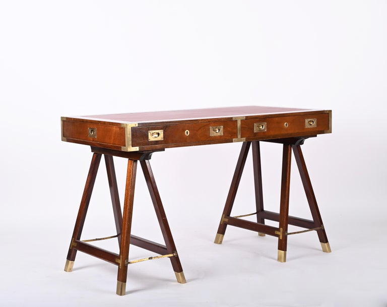 Midcentury English Military Style Wood and Brass Desk with Leather Top