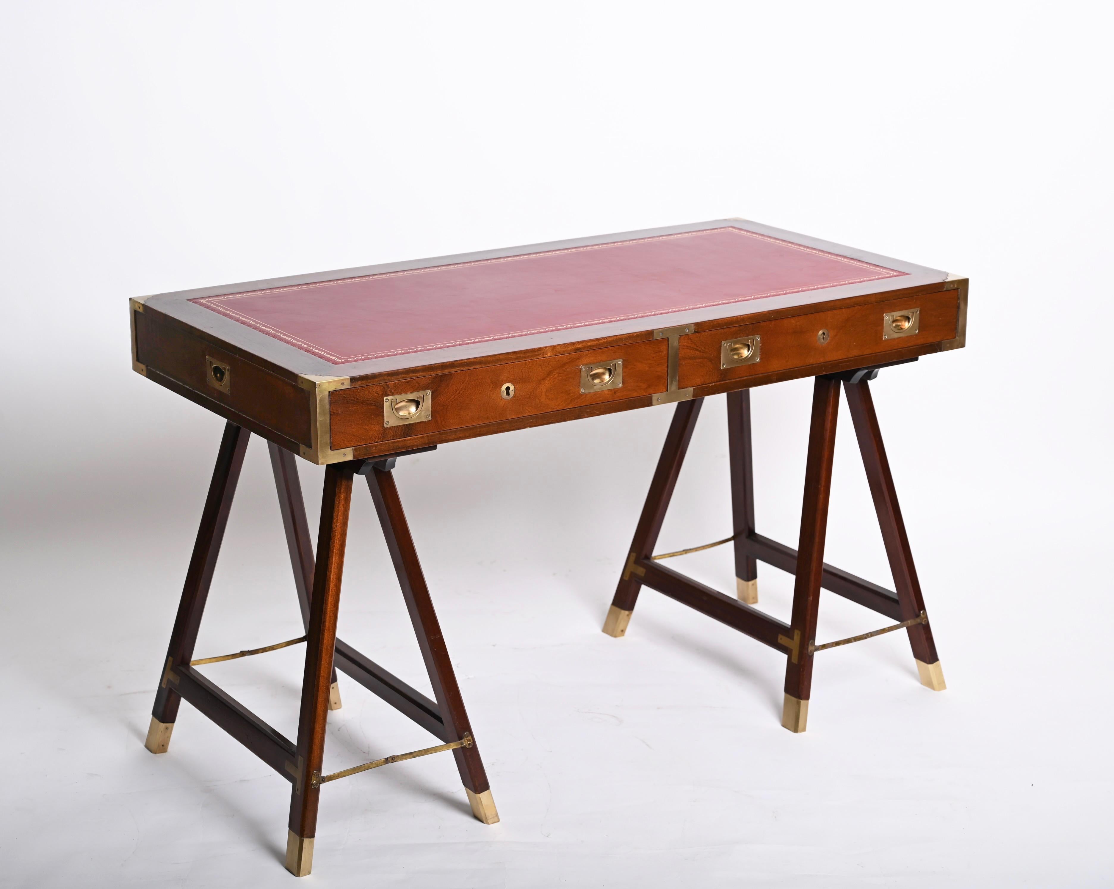 Walnut Midcentury English Military Style Wood and Brass Desk with Leather Top, 1960s
