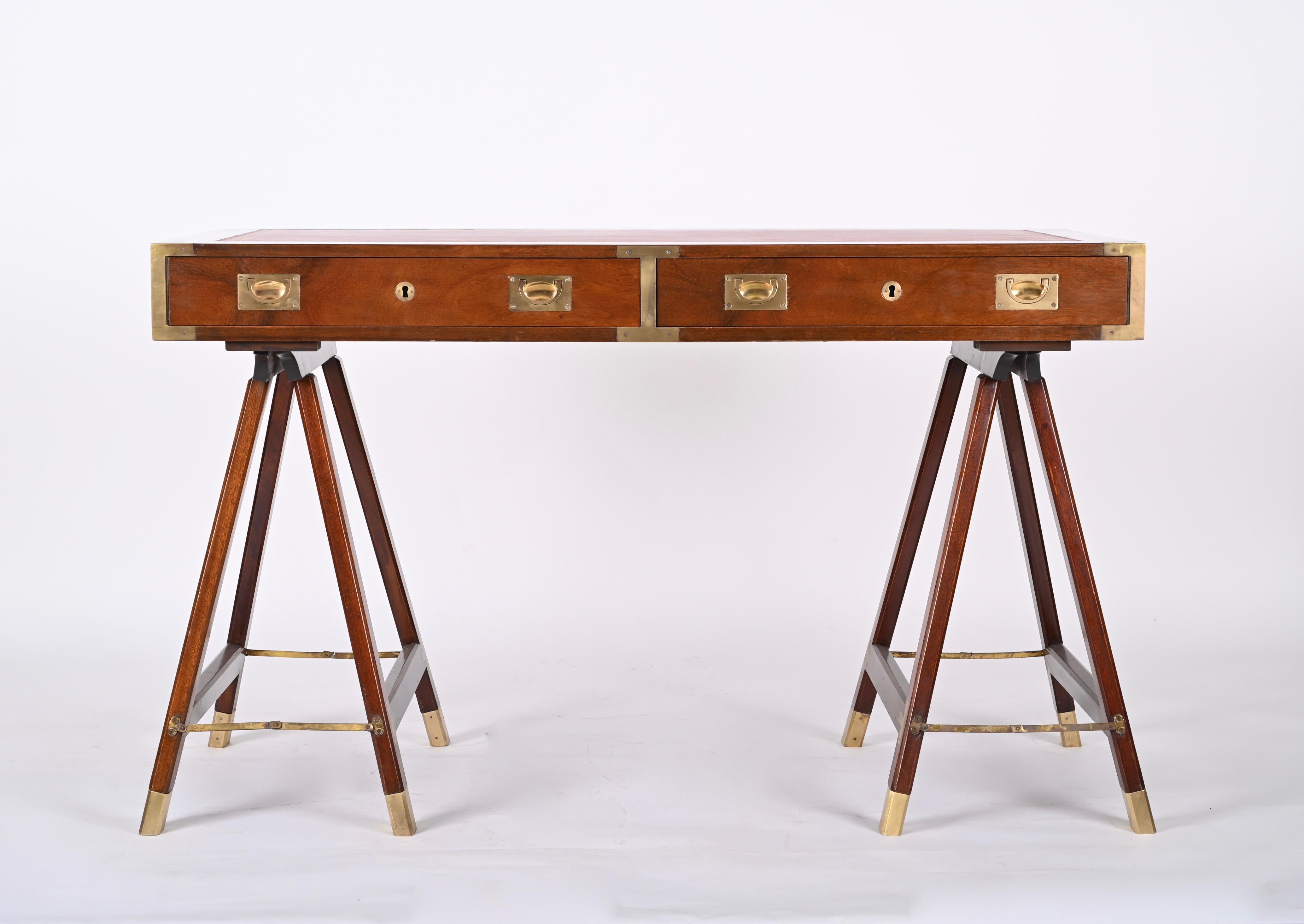 Midcentury English Military Style Wood and Brass Desk with Leather Top, 1960s 1
