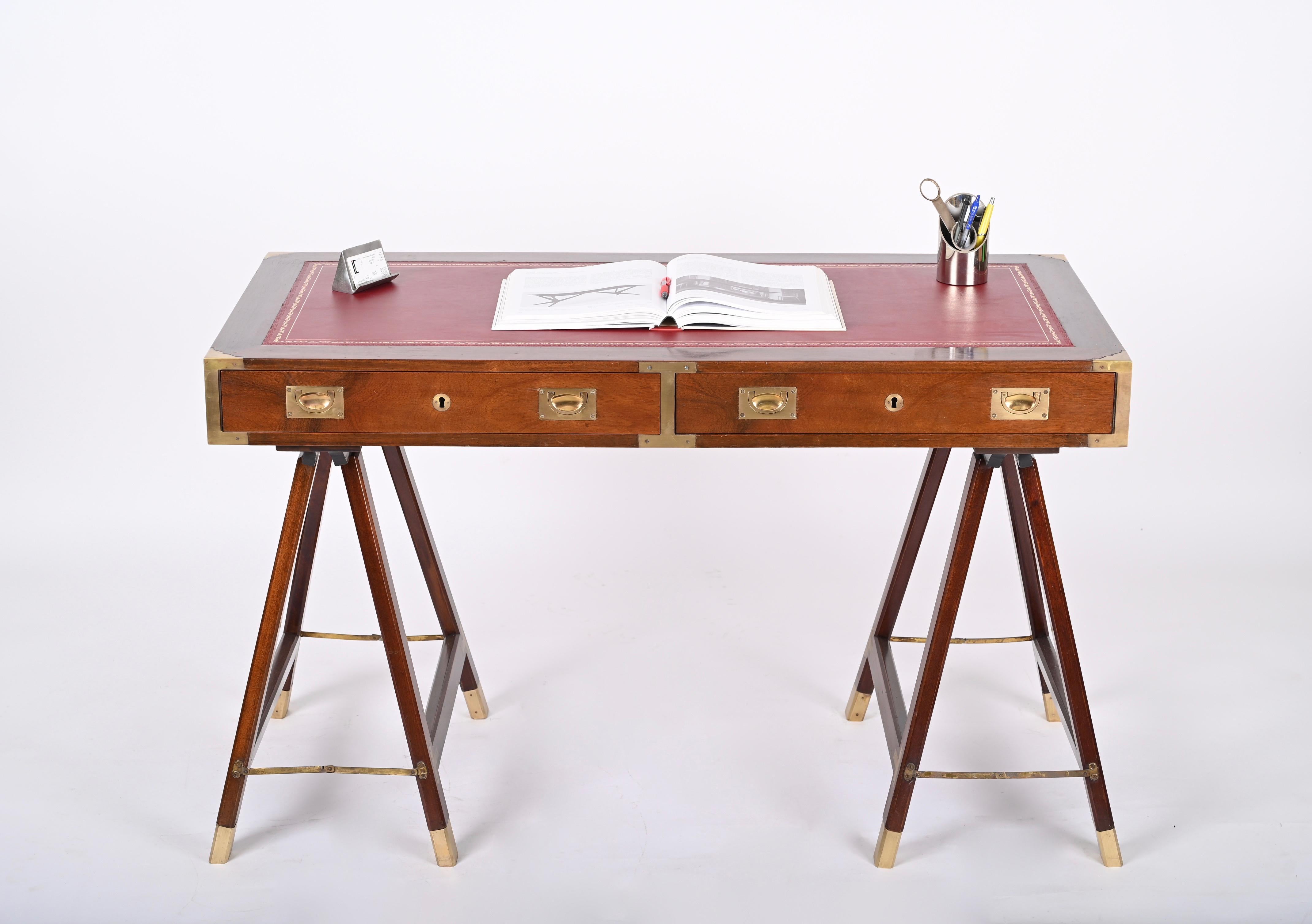 Midcentury English Military Style Wood and Brass Desk with Leather Top, 1960s 2