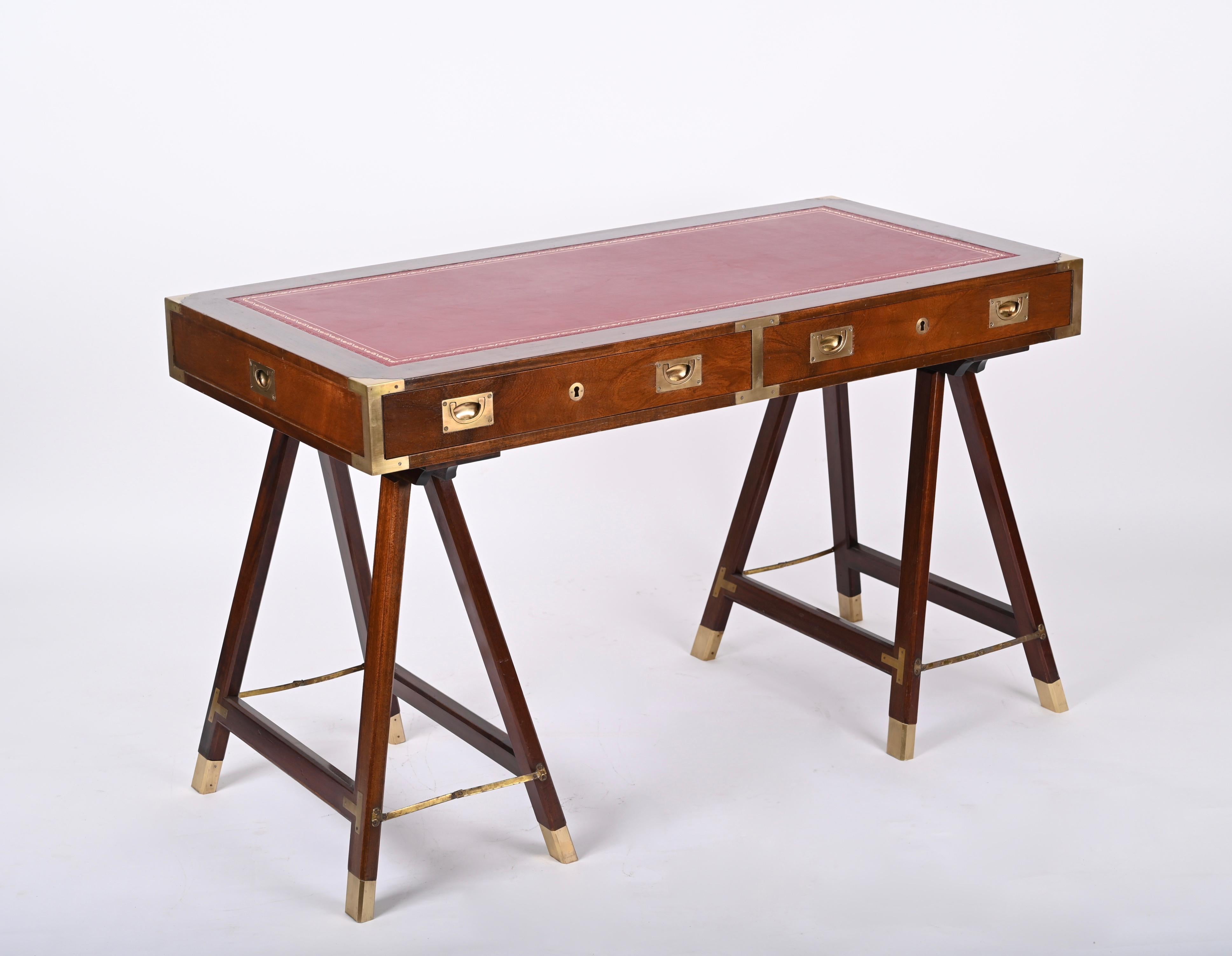 Midcentury English Military Style Wood and Brass Desk with Leather Top, 1960s 3