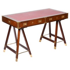 Midcentury English Military Style Wood and Brass Desk with Leather Top, 1960s