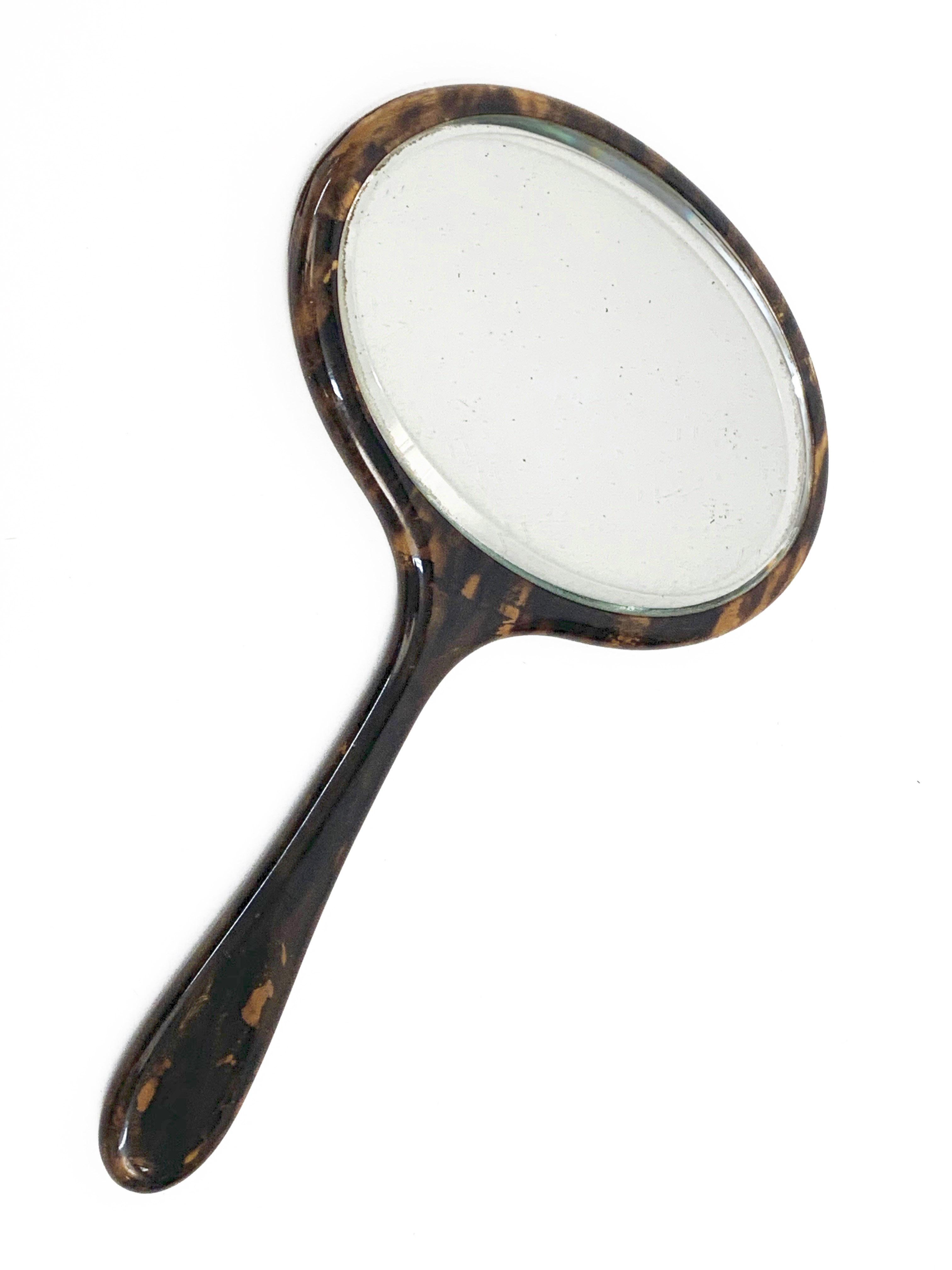 Chamfered Midcentury English Oval Faux Tortoiseshell Portable Mirror, 1950s For Sale