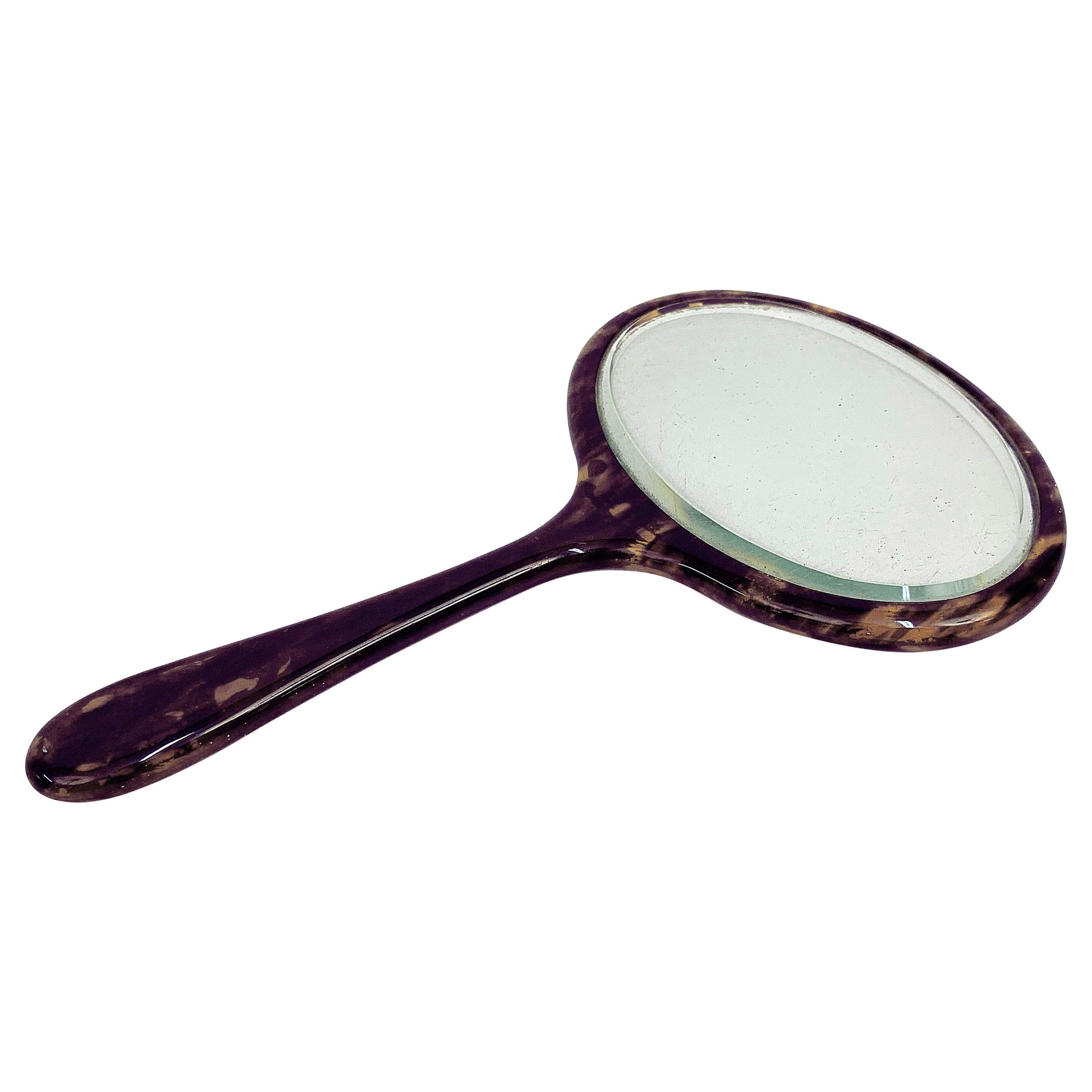 Midcentury English Oval Faux Tortoiseshell Portable Mirror, 1950s For Sale