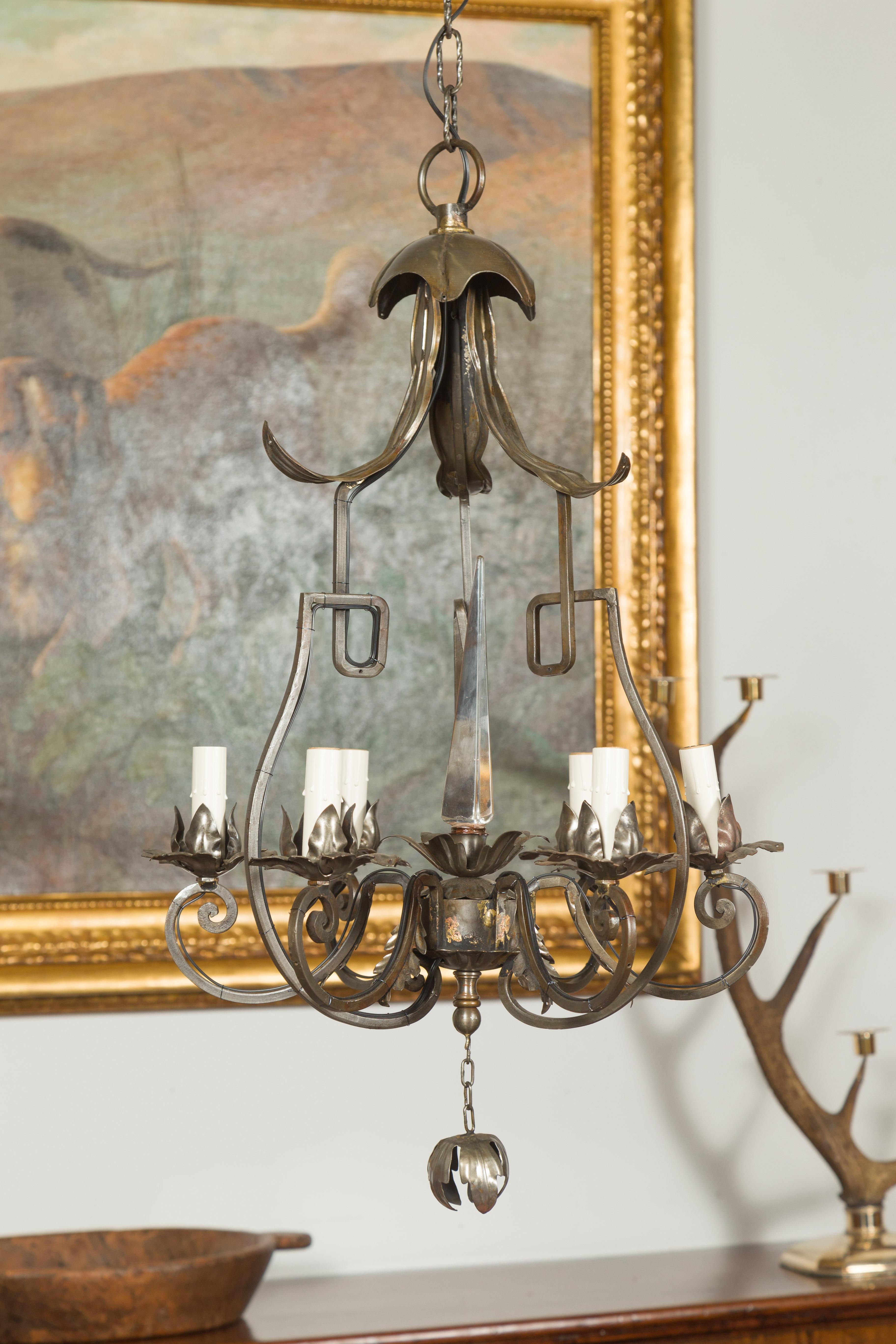 20th Century Midcentury English Polished Steel Six-Light Chandelier with Crystal Obelisk For Sale