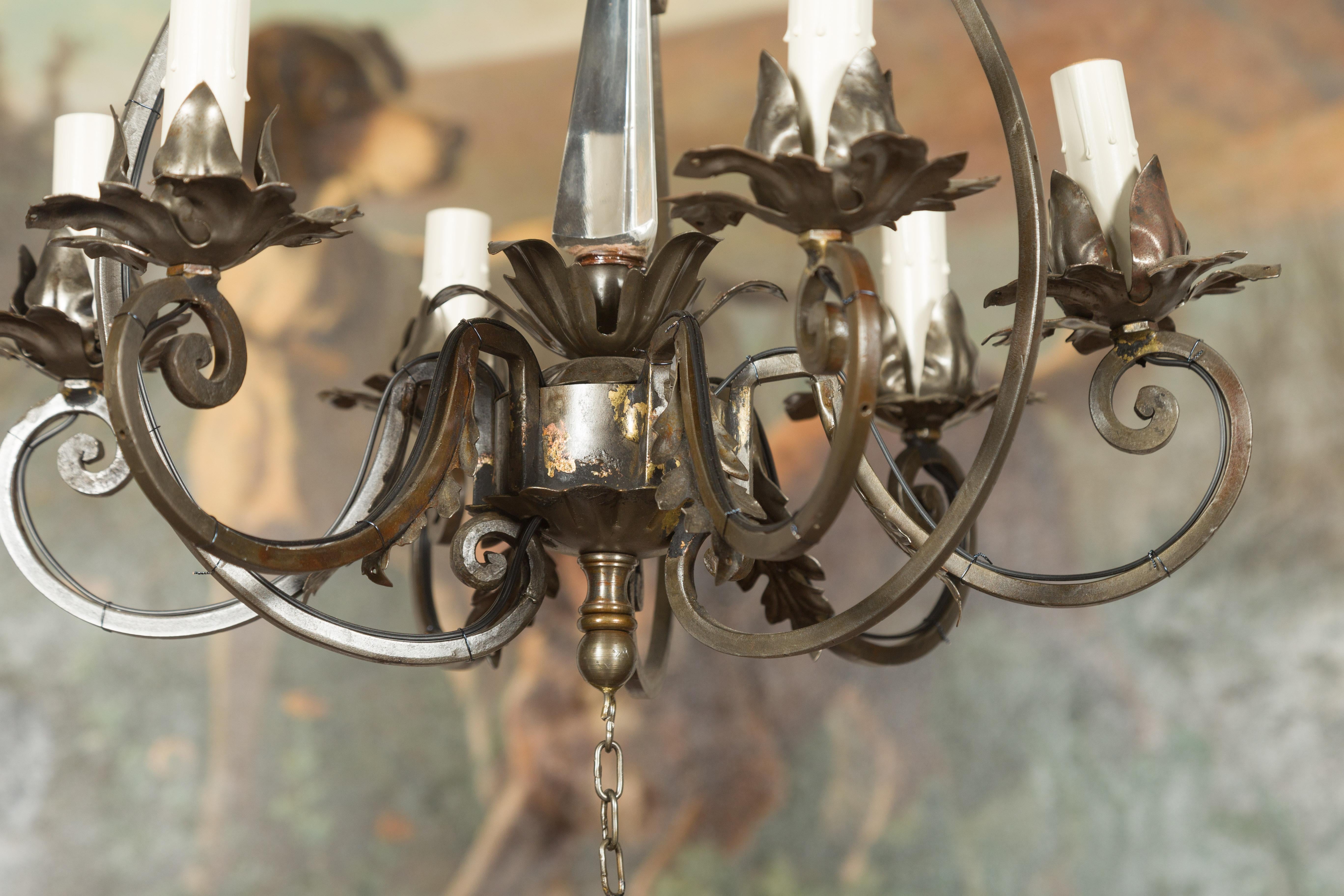 Midcentury English Polished Steel Six-Light Chandelier with Crystal Obelisk For Sale 4