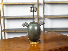 Midcentury English Verdigris Bronze Two-Light Table Lamp with Horse Heads