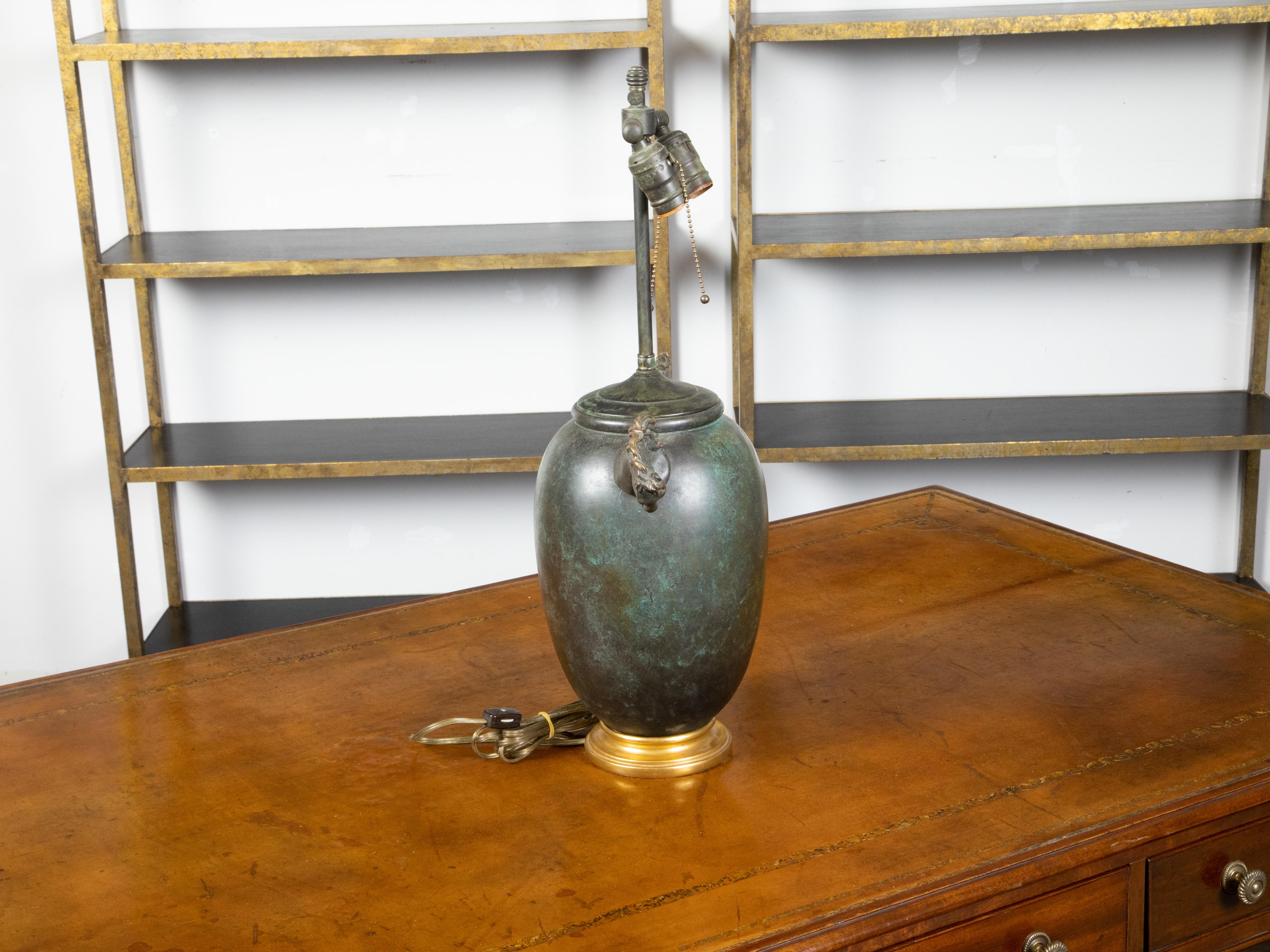 Mid-Century Modern Midcentury English Verdigris Bronze Two-Light Table Lamp with Horse Heads For Sale