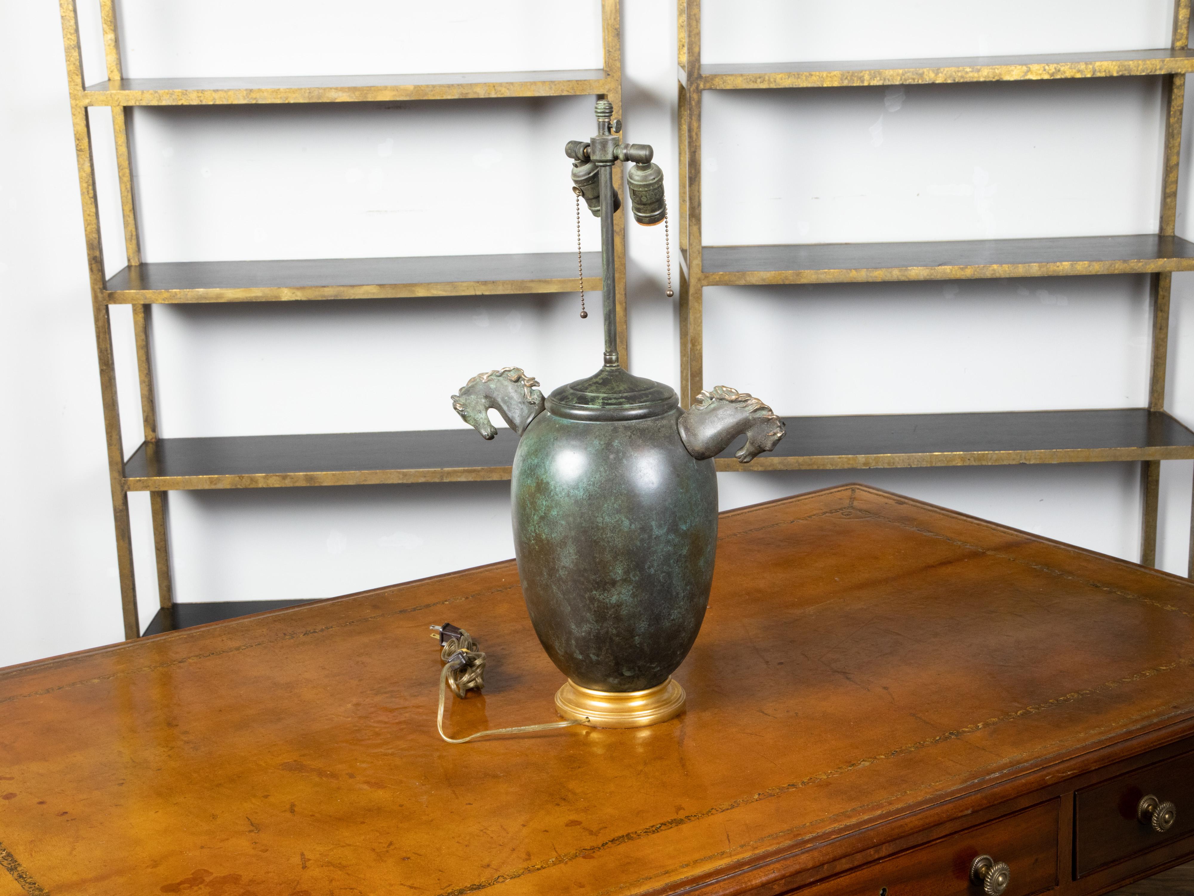 Gilt Midcentury English Verdigris Bronze Two-Light Table Lamp with Horse Heads For Sale