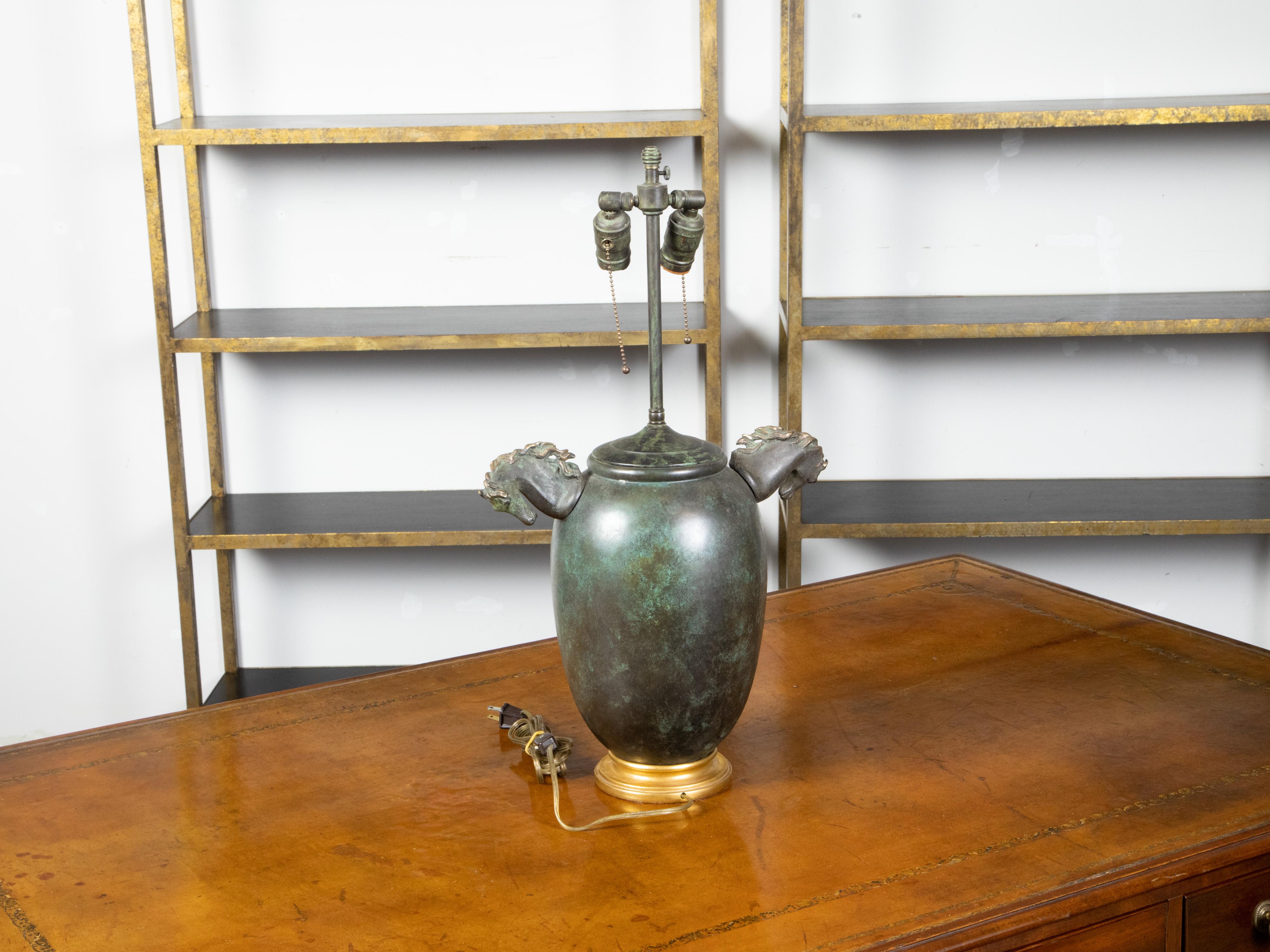 Gilt Midcentury English Verdigris Bronze Two-Light Table Lamp with Horse Heads For Sale